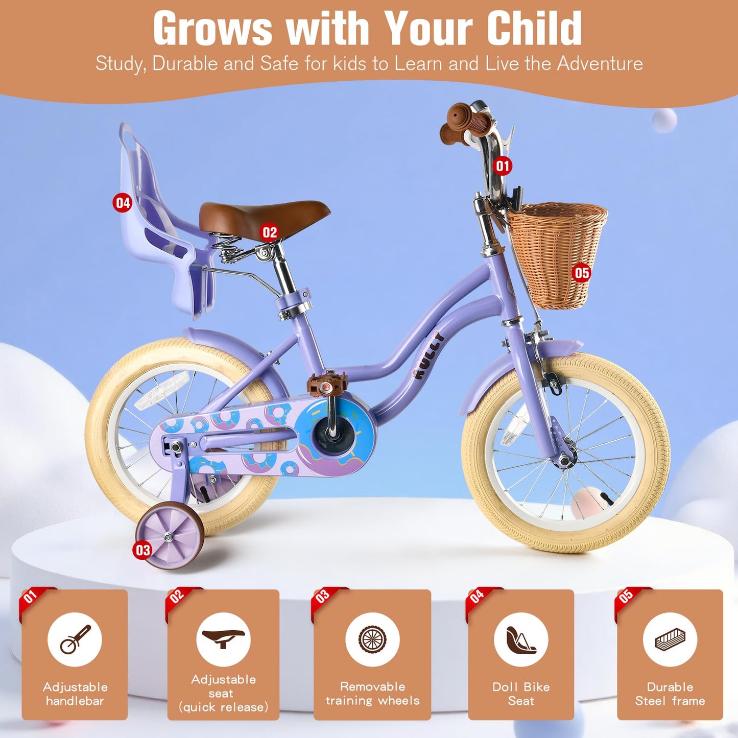 RULLY 16 Inch Kids Bike for Girls, Children’s Bicycle with Training Wheels, Basket & Doll Seat, Adjustable Seat Height, Toddler Bike for Ages 4–7 – Purple