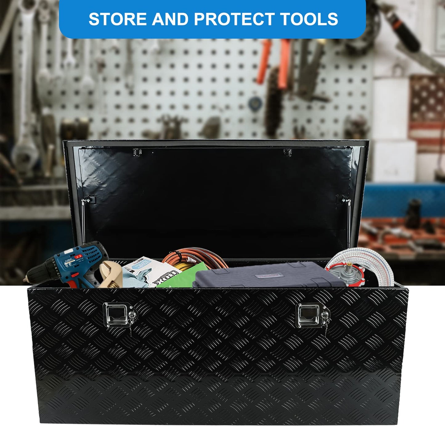 acylph 48"(L) x 19.5"(W) x 17.5"(H) Pickup Truck Bed Tool Box，Truck Tool Box for Bed of Truck,Aluminum Stripes Toolbox for Truck RV Tralier,Chrome Latch,Waterproof，Black Surface