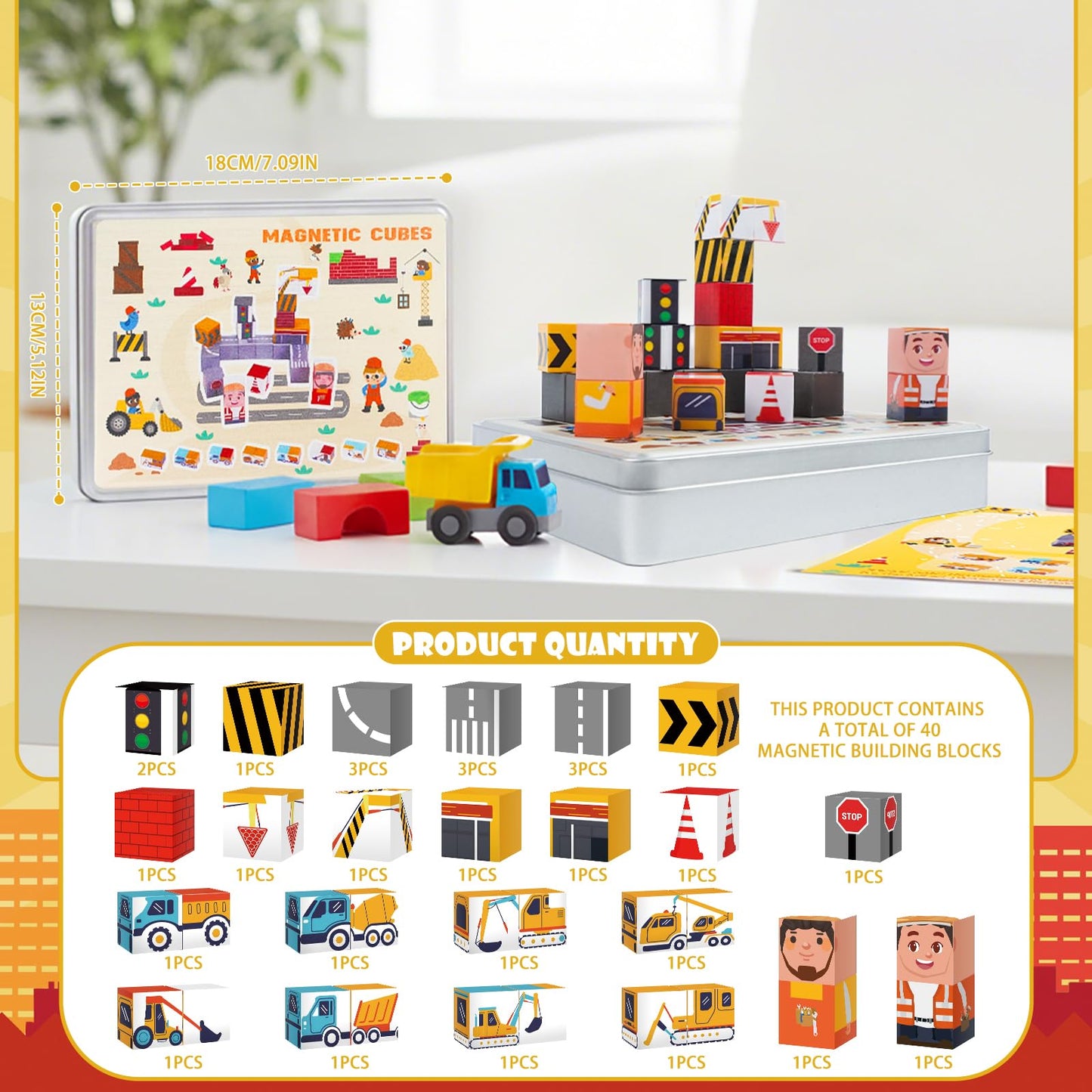 Silkovahamd Travel Magnetic Blocks Toys Portable, 40PCS Construction Magnet Building Tiles Road Trip Activities for Toddlers Kids Ages 3-8, STEM Sensory Toys Birthday Gift for Boy