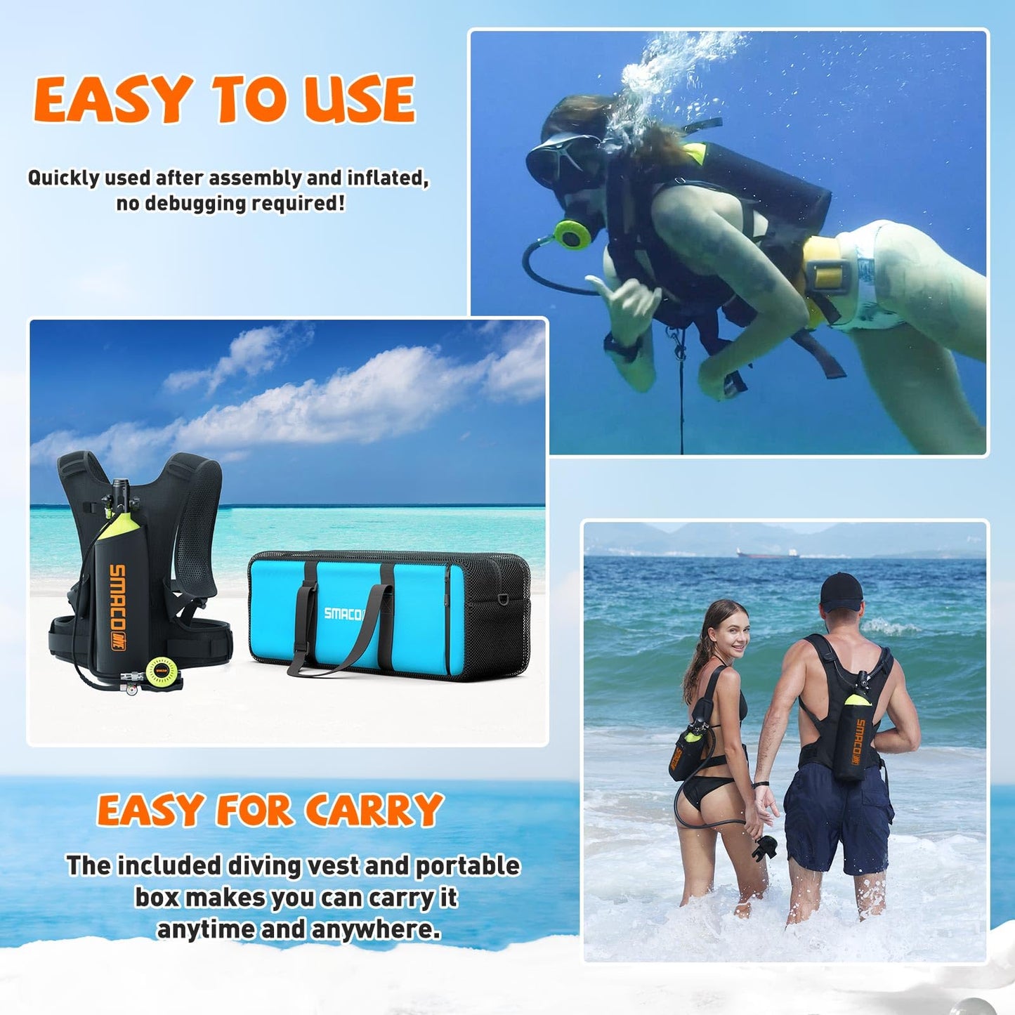 SMACO Mini Scuba Tank 1.9L Capacity Diving Oxygen Tank for Underwater Breathing Reusable Small Scuba Tank Kit with Portable Bag Scuba Cylinder for Underwater Entertainment/Diving Work