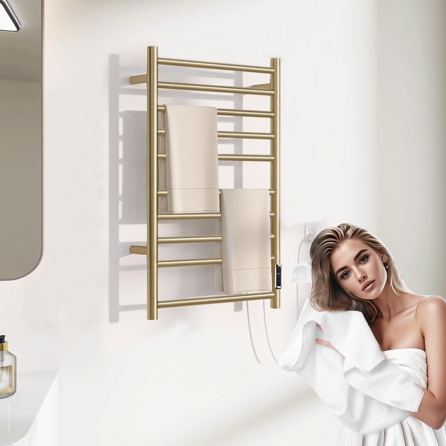 BLARALA Heated Towel Racks for Bathroom, Wall Mounted Electric Towel Warmer Racks with Timer & Temperature Control, 10 Bar Stainless Steel Towel Heater for Bathroom，Brushed Gold