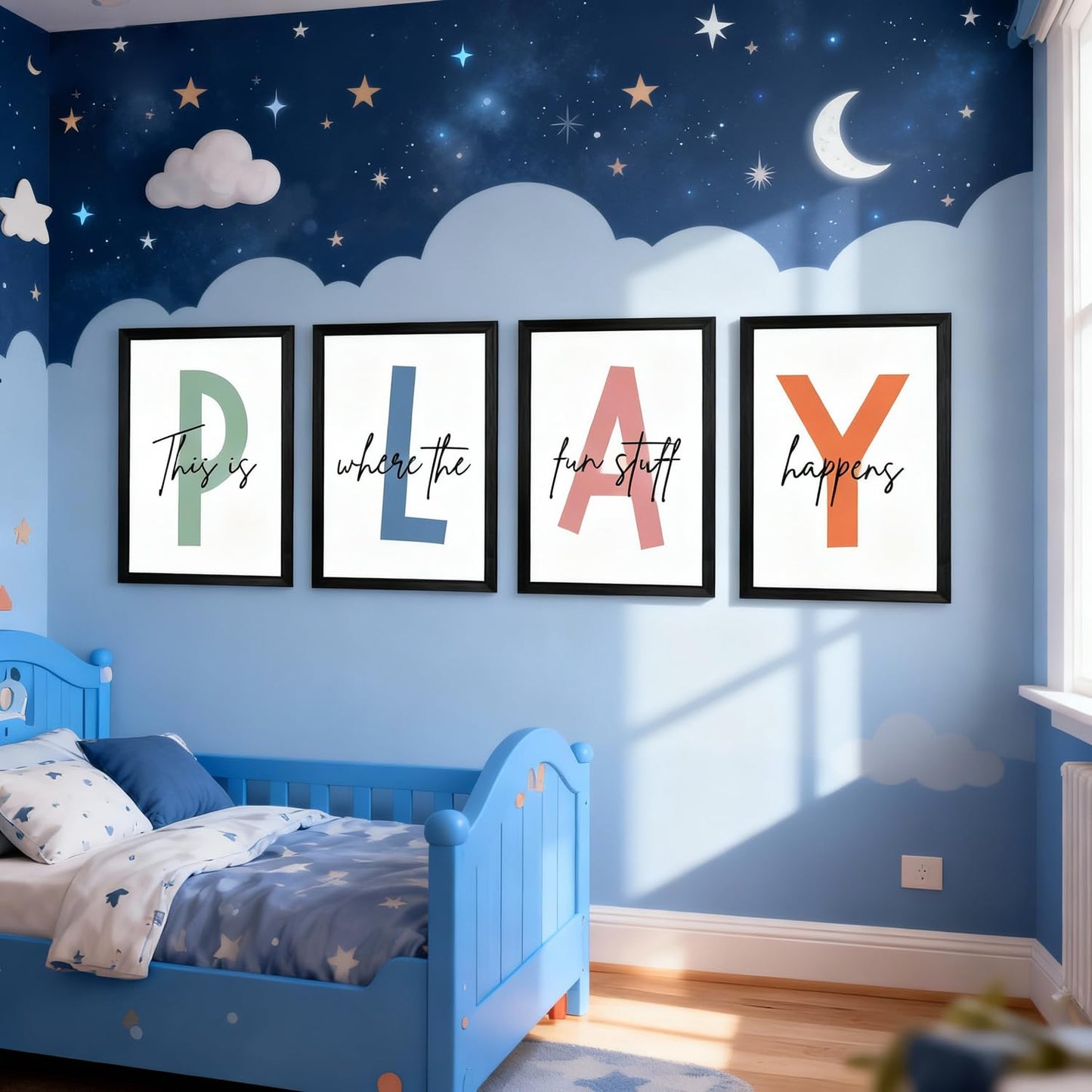 Cute Alphabet Play Framed Wall Art Set of 3, Natural Educational Alphabet Wooden Sign for Baby Girl Kid Boy Toddlers, Black Boho Preschool English Letters Nursery Decor for Homeschool Playroom