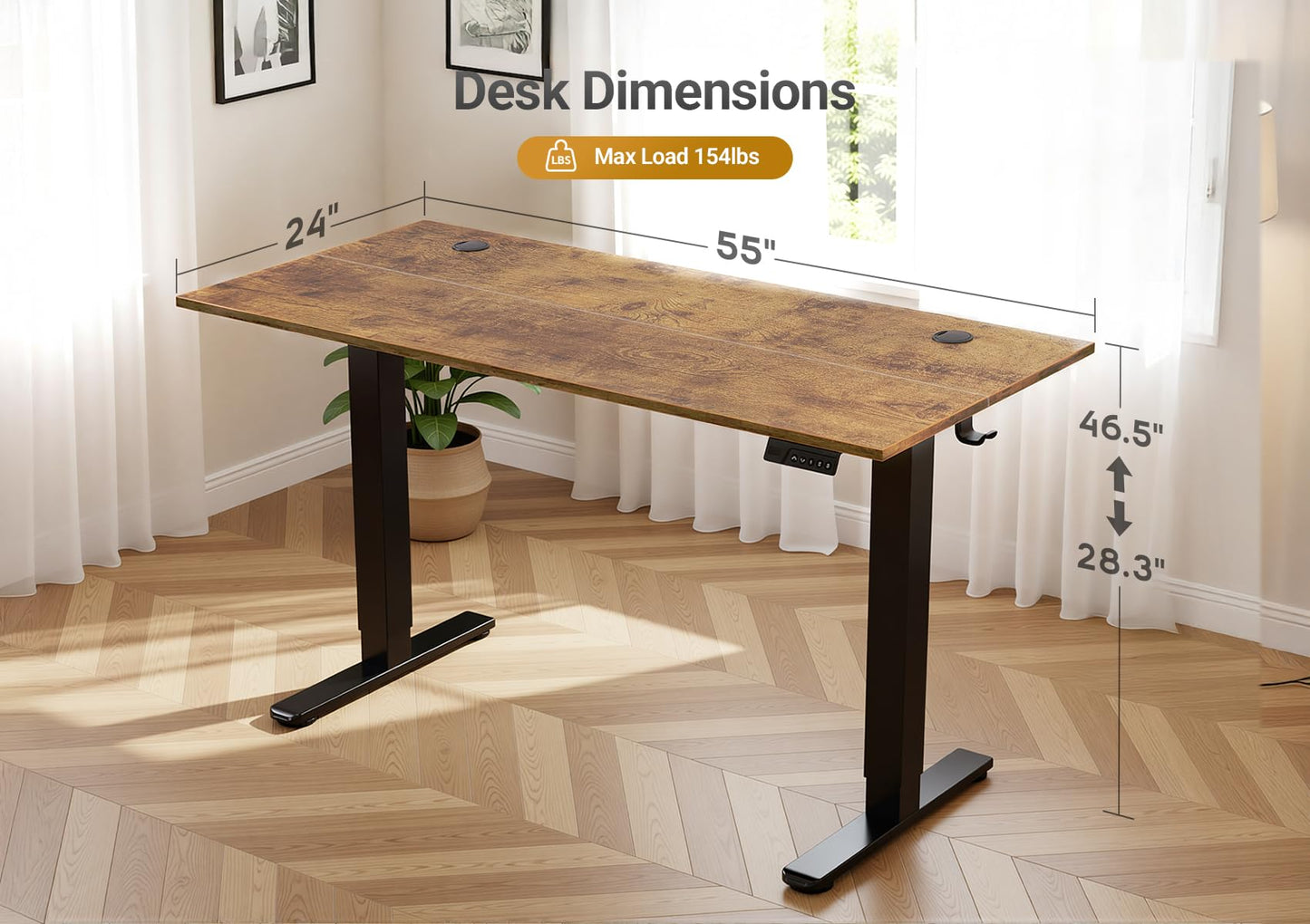 Seang Electric Height Adjustable Standing Desk, 55 x 24 Inch Sit Stand Desk with T-Shaped Frame, 3 Memory Presets & Cable Management for Home Office Computer Workstation, Black Frame/Rustic Brown Top