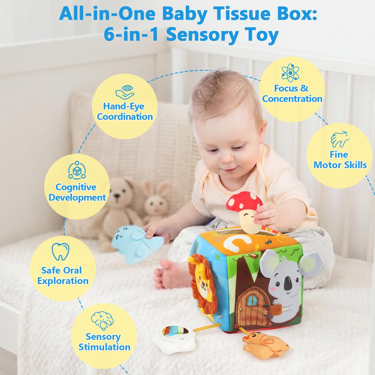 URMYWO Baby Tissue Box Toy, Montessori Sensory Toys 6-12 Months with Crinkle Paper & Scarves, Fine Motor Skills, Valentine's Day Easter Basket Stuffers, Gifts for Infants 6 9 12 18 Months Old