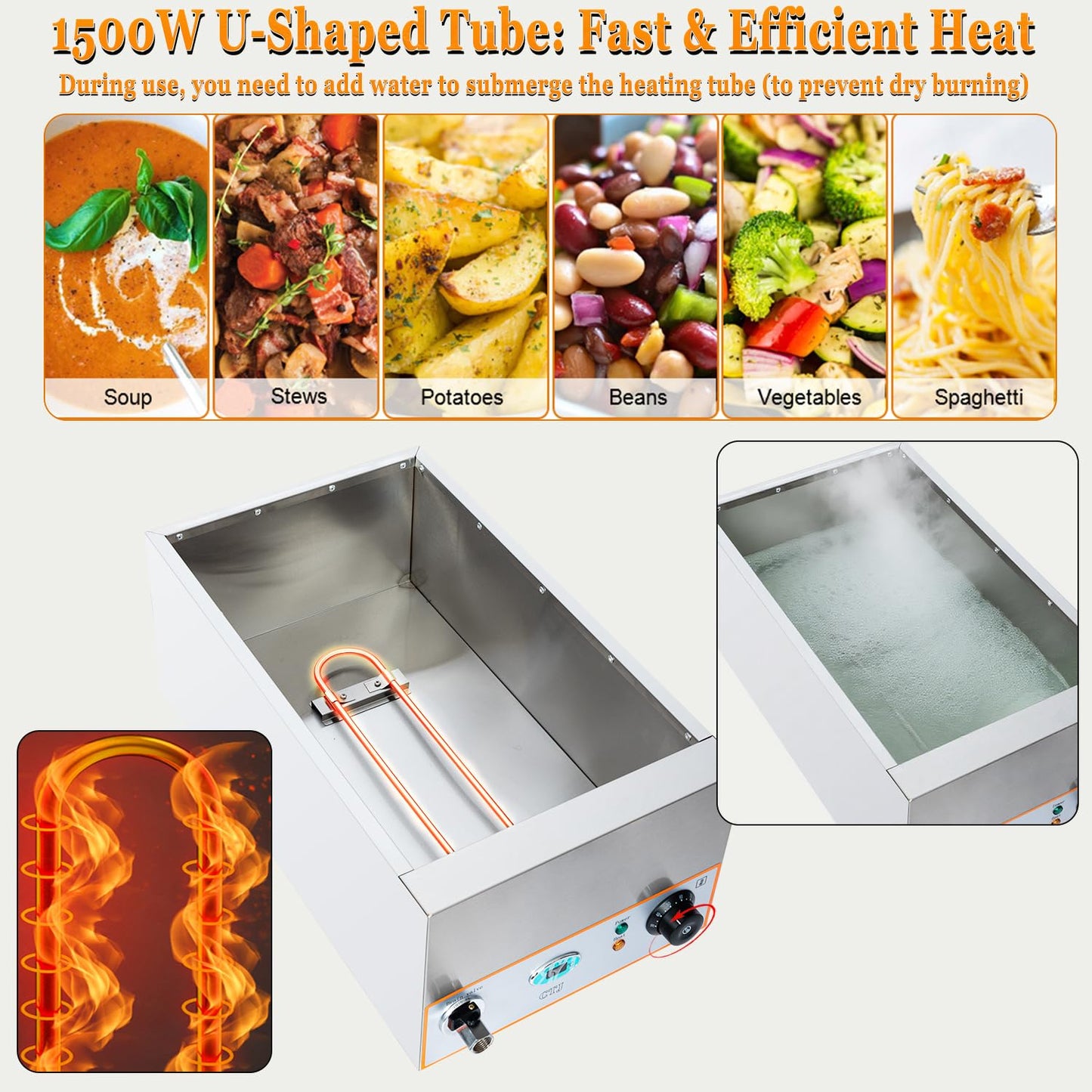 CTJ 3-Pan Commercial Food Warmer - 1500W Electric Steam Table Food Warmer 3x5.3 QT Stainless Steel Bain Marie, with Drain Faucet, Buffet Countertop for Home, Catering, Parties, Restaurants