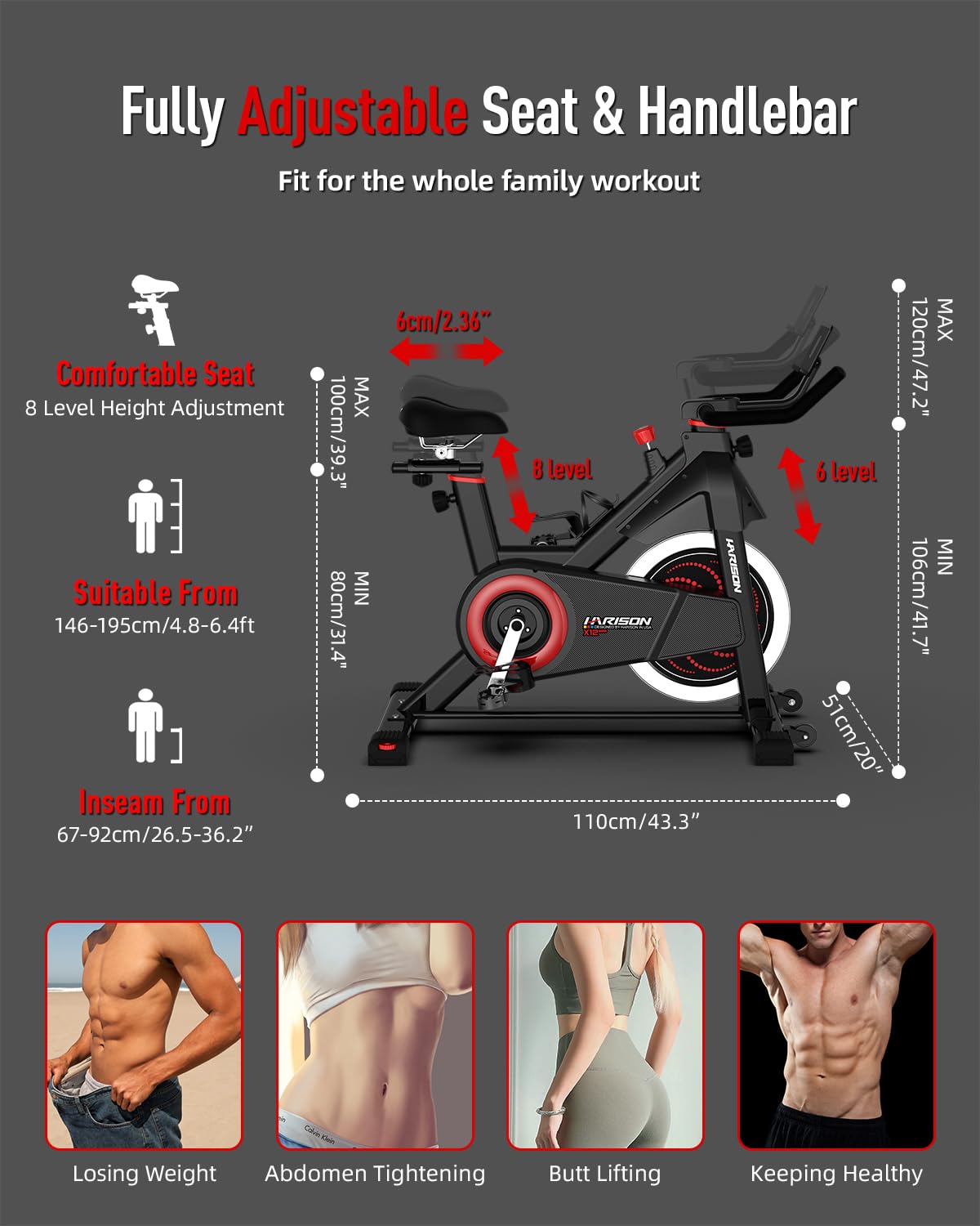HARISON Exercise Bike, Magnetic Stationary Bike for Home Gym, Adjustable Resistance Quiet Dual-Belt Indoor Cycling Spin Bike with 380lb Capacity, APP Connectivity, Push-to-Stop, 6-Level Handlebar