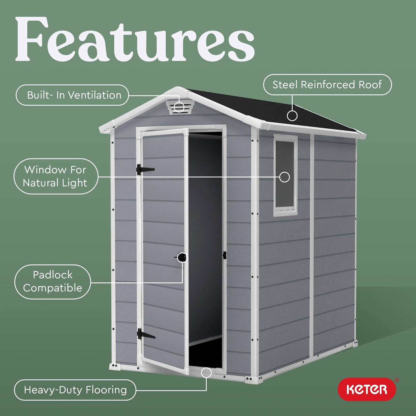 Keter Manor 4x6 Resin Outdoor Storage Shed Kit-Perfect to Store Patio Furniture, Garden Tools Bike Accessories, Beach Chairs and Lawn Mower, Grey & White