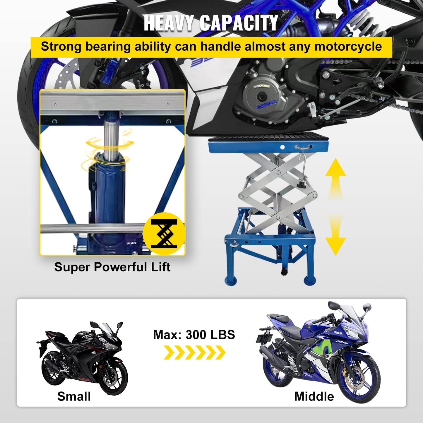 VEVOR Hydraulic Motorcycle Lift Table, 300LBS Hydraulic Motorcycle Scissor Jack, Portable Lift Table, Adjustable Motorcycle Lift Jack, Blue Motorcycle Lift Stand