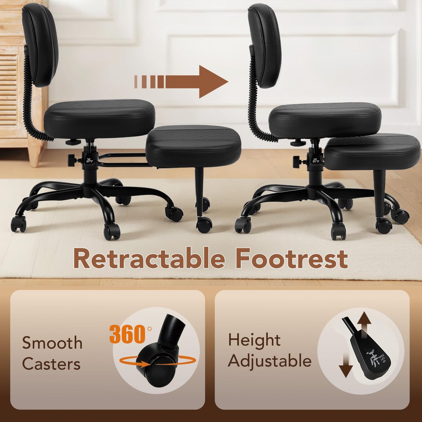 Avocahom Ergonomic Cross Legged Office Chair with Wheels, Criss Cross Desk Chair with Leg Rest, Meditation Chair Yoga Kneeling Chair, Adjustable ADHD Chair Black