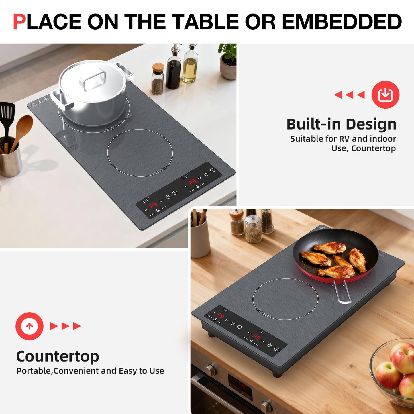 Double Induction Cooktop 110v-120v, GTKZW 2300W Electric Cooktop 20 inch Hot Plate Electric Stove Top with Plug in, Built-in and Countertop, 9 Power Levels, Timer & Safety Lock