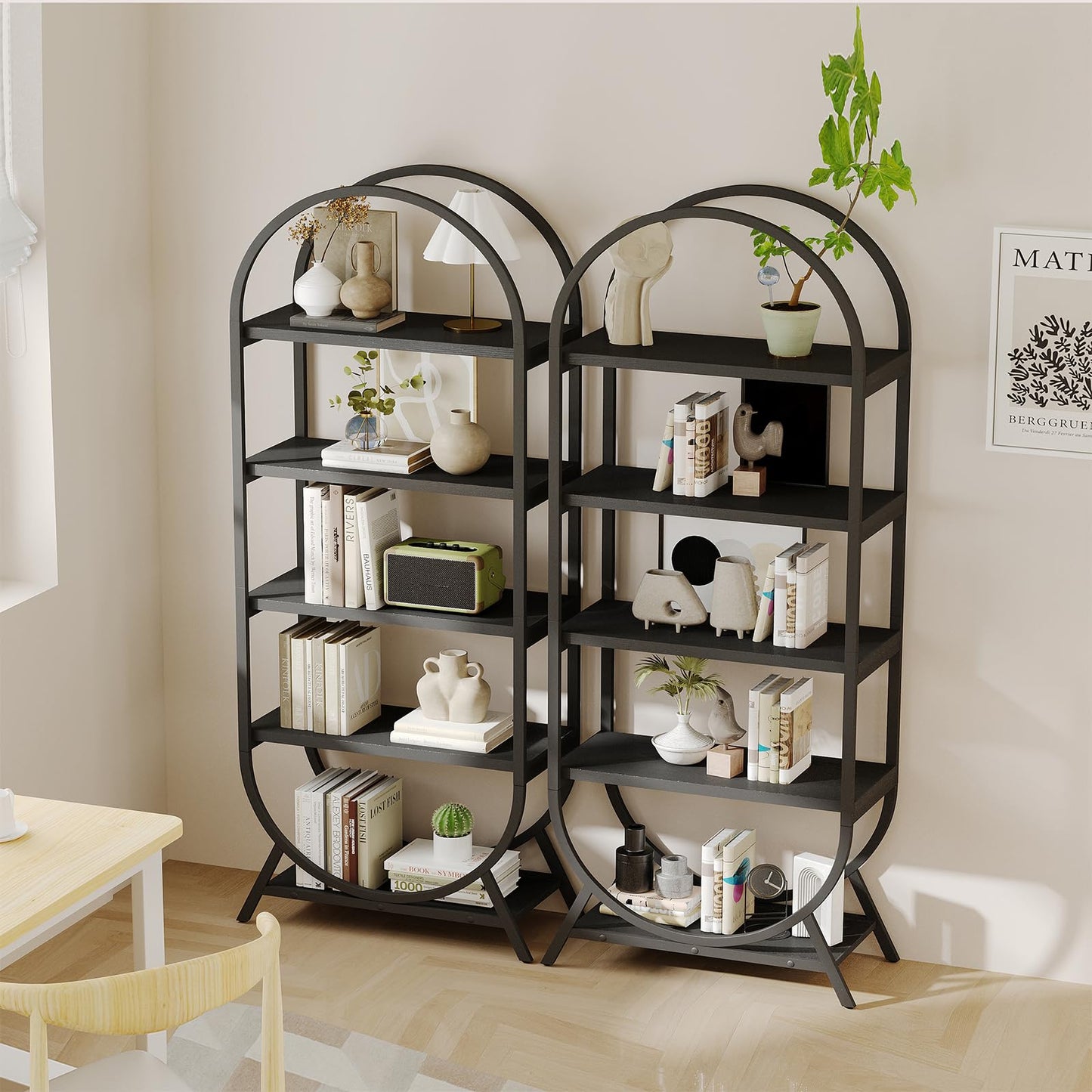 Kogven Bookshelf Arched Bookcase, Industrial 5 Tier Open Book Shelves with Metal Frame, 72" Tall Freestanding Display Rack for Home Office, Living Room, Black