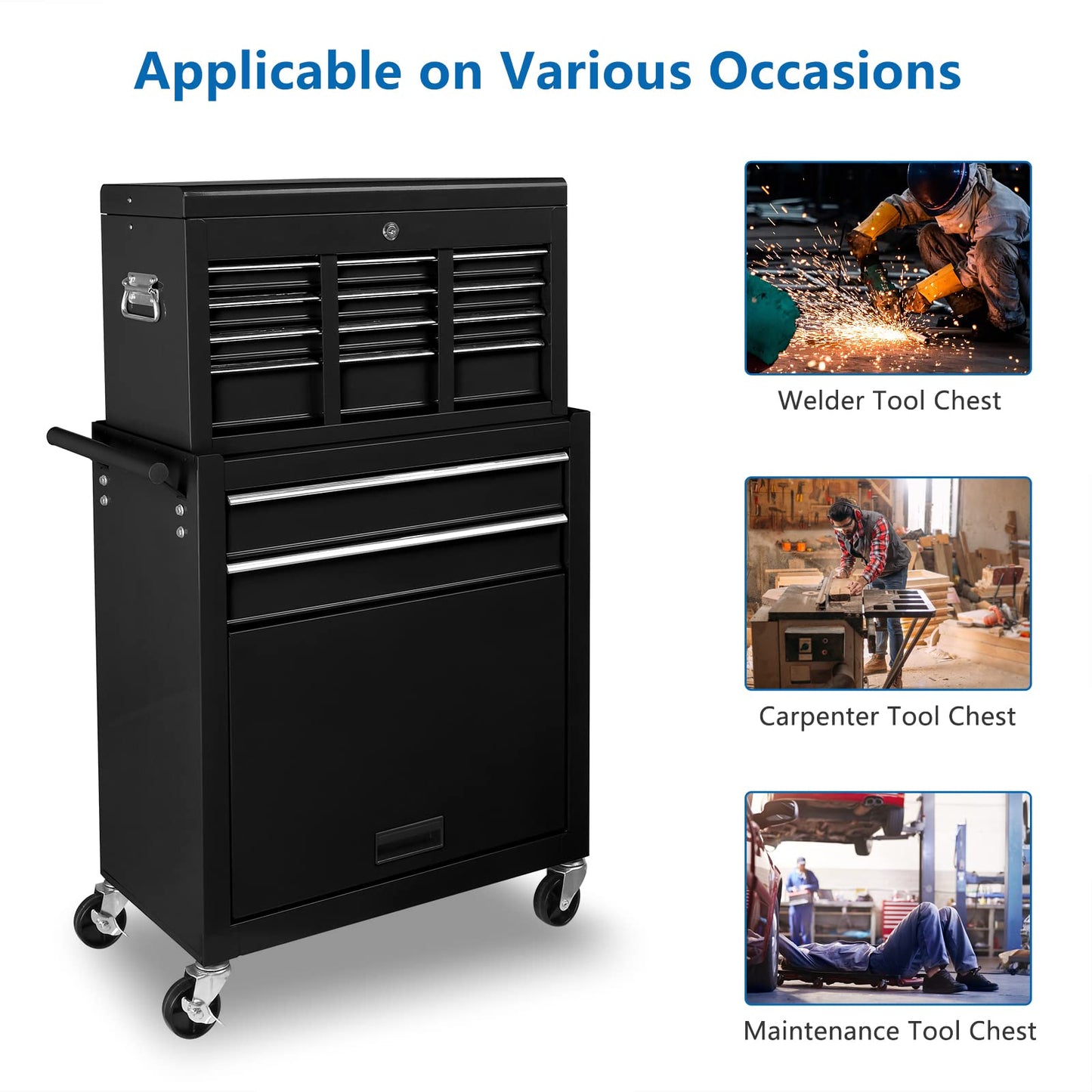 TUFFIOM 8-Drawer Rolling Tool Chest, Tool Storage Cabinet w/Lockable Wheels, Detachable Top, Drawers & Side Hooks, Mechanic Tool Organizer Box for Garage Warehouse Repair Shop