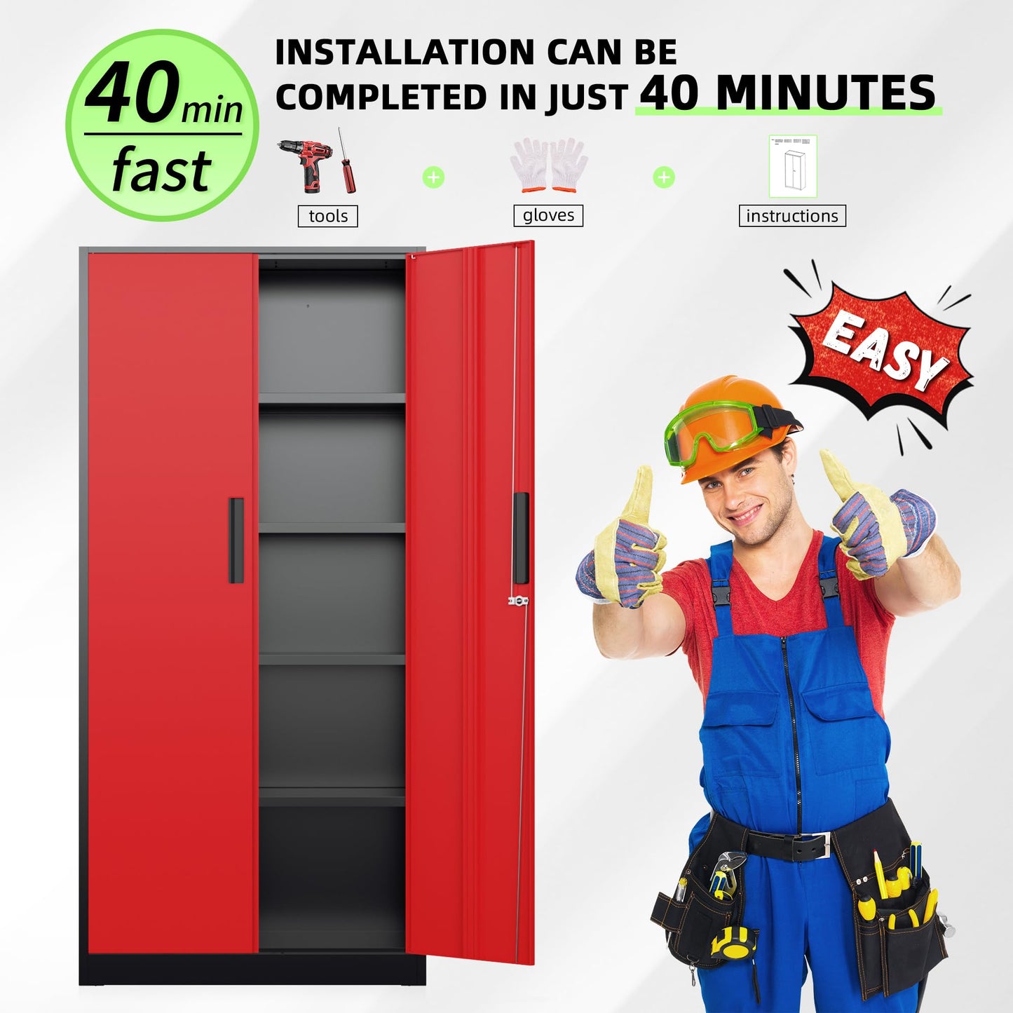 Bonusall 72" Metal Garage Storage Cabinet - 900lbs Heavy Duty Steel Cabinet with 3-Point Locking System & 4 Adjustable Shelves, Lockable Tall Storage for Garage, Office, Warehouse - Black & Red