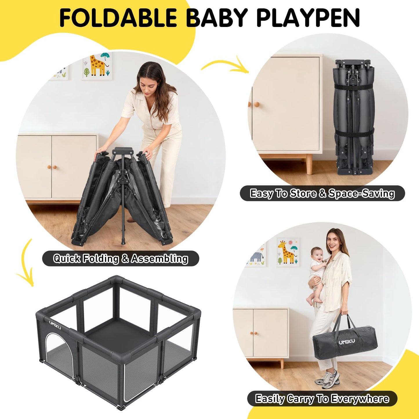 Baby Playpen Foldable Playpen for Babies and Toddlers, Large Playpens Portable Play Pen Play Yard for Kids Fence Indoor Outdoor Travel 4 Handlers 50 Balls Baby Gifts Essentials 50"X50" Dark Grey