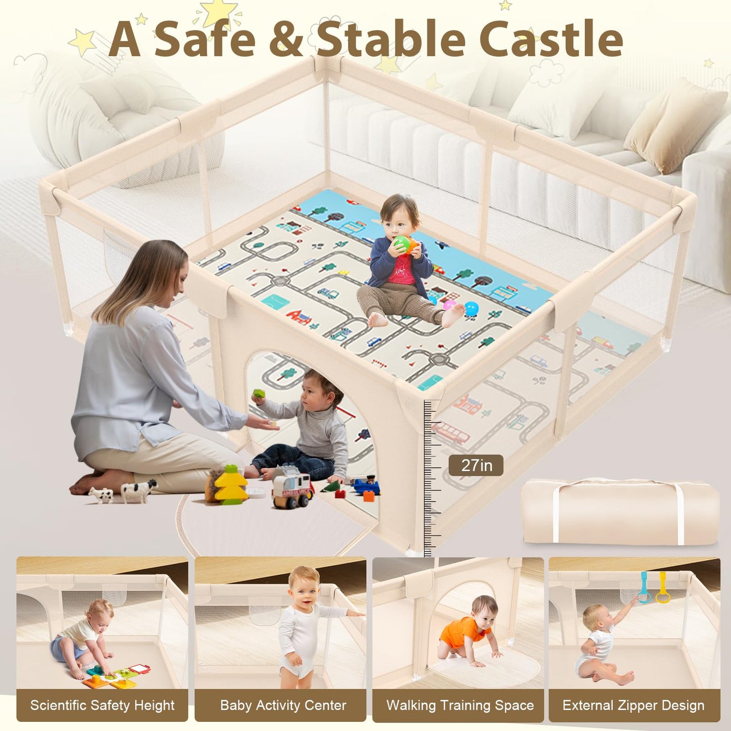 71 x 59 Baby Play Pen with Mat - Indoor & Outdoor Playpen for Babies and Toddlers - Extra Large Play Yards with Soft Foam & Sturdy Bottom Suction Cups - Toddler Baby Play Yard with Gate(Apricot)