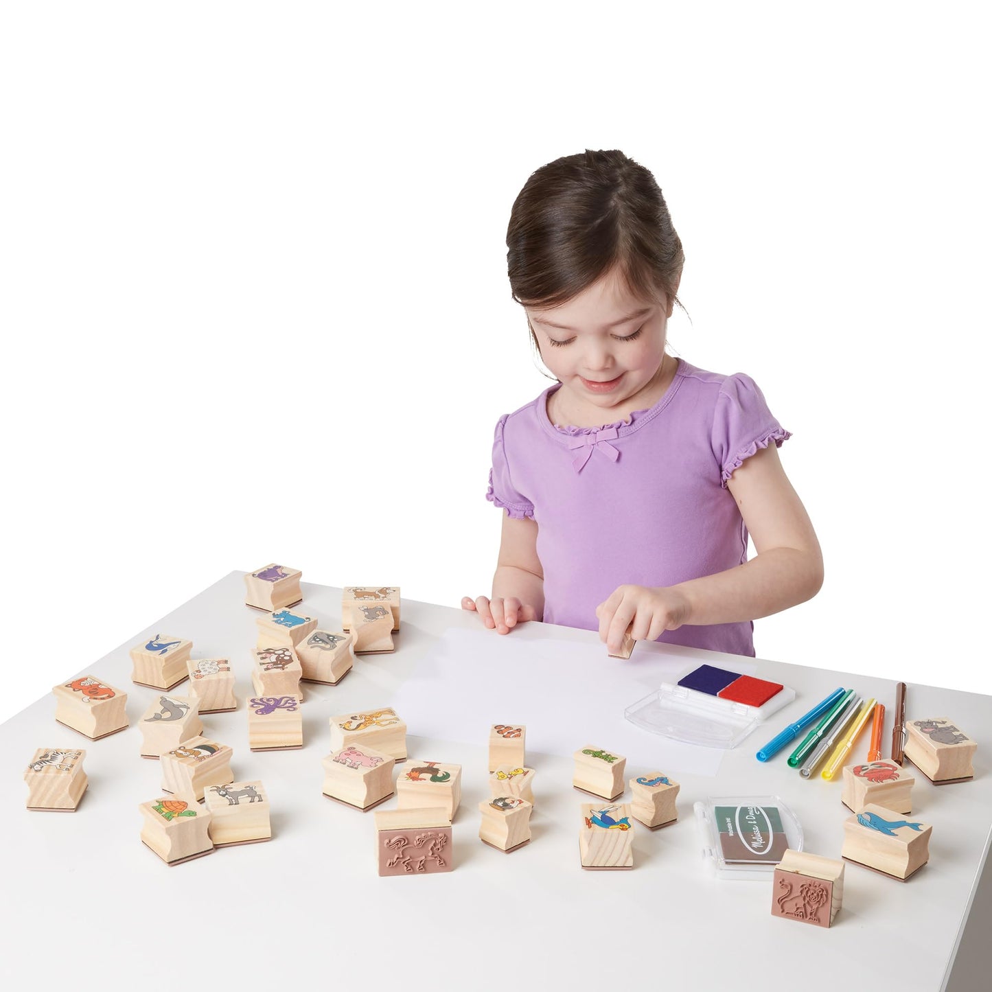 Melissa & Doug Deluxe Wooden Stamp Set: Animals - 30 Stamps, 6 Markers, 2 Stamp Pads Kids Art Projects, Wooden Stamps with Washable Ink, for Kids Ages 4+