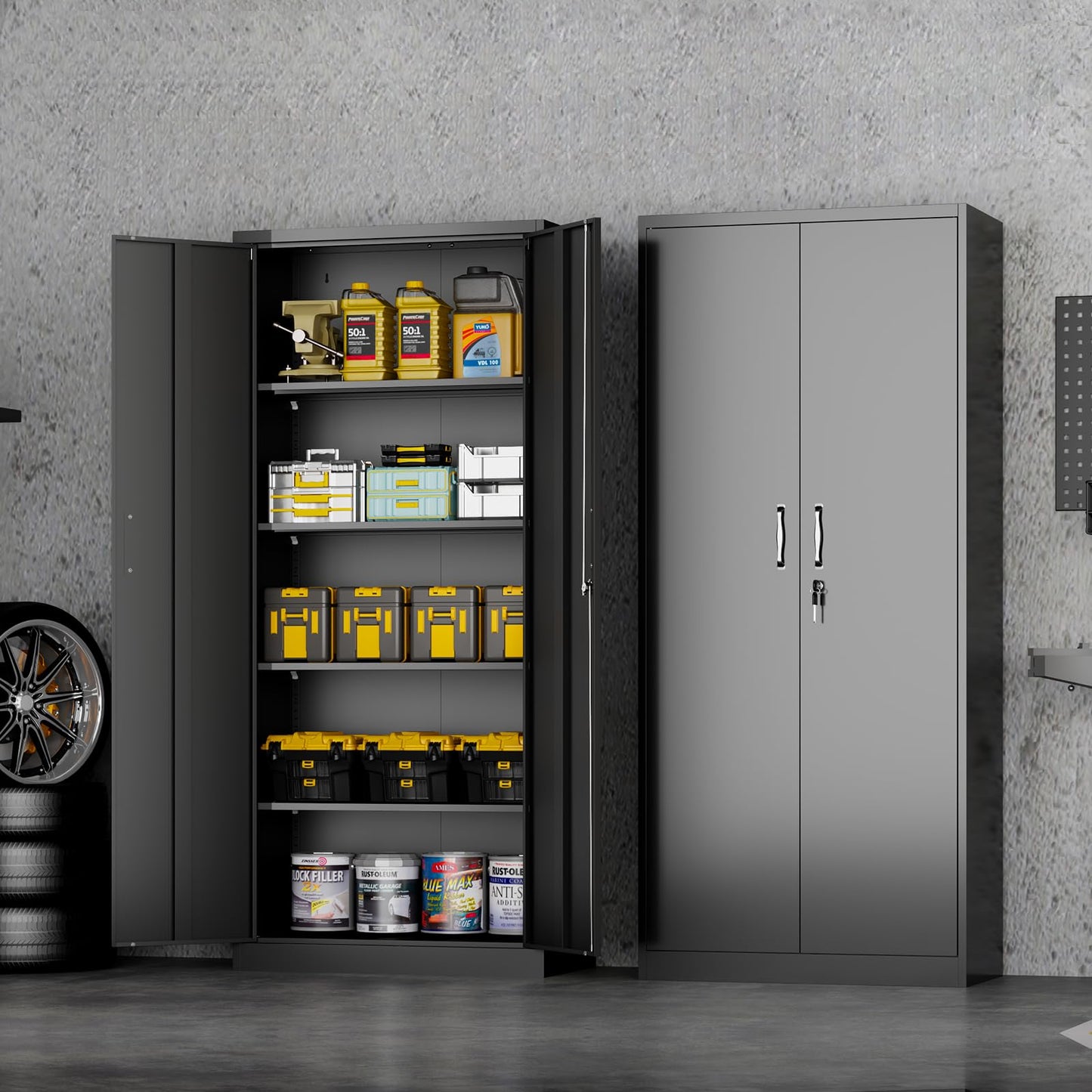 CBCNWR Metal Storage Cabinets with Lock, 71” Metal Garage Storage Cabinet, Black Garage Storage Cabinets with Doors and Shelves, Locking Cabinet for Office, Home, Warehouse, Tool