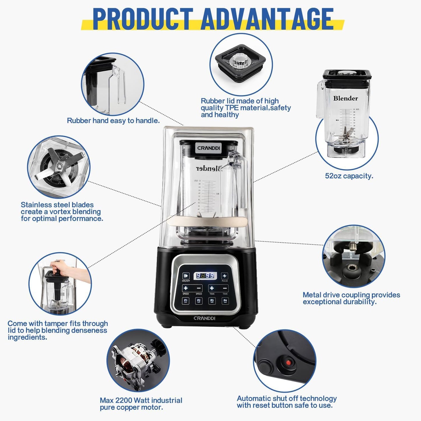 CRANDDI Commercial Smart Smoothie Blender - 2200W High-Power Professional Blenders for Smoothies & More, 4 Pre-Set Programs, Quiet Blender with Removable Shield, 52oz Jar, 120V, K80TS (Black)