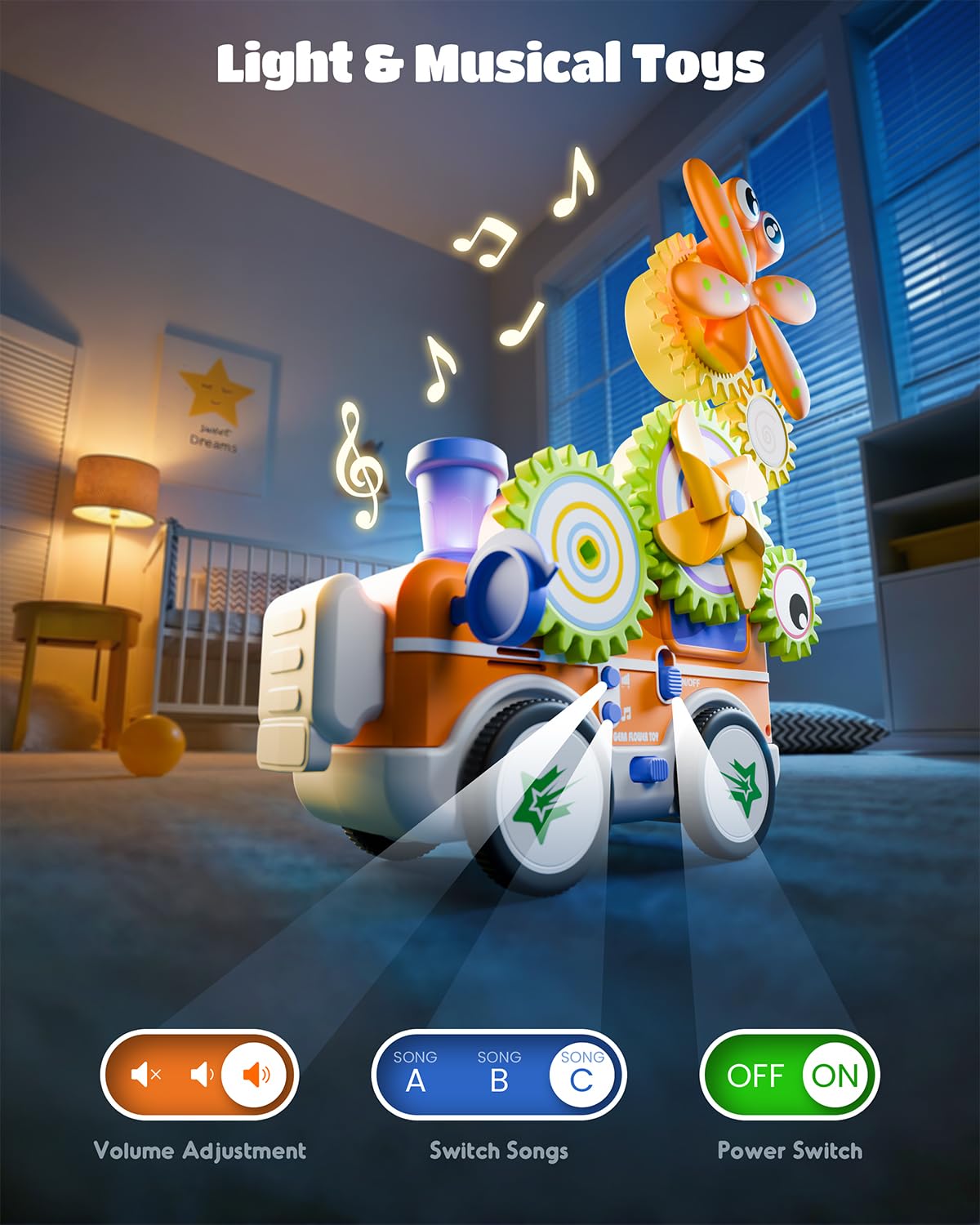 LIGHTDESIRE Montessori Toys for Toddlers 3 4 5 6 Years Old,Musical Baby Toy Train Electric Rotating Gear Flower Building Toddler Learning Toys,Stem Toy DIY Assembly Birthday Gifts Baby Boy Girl,Orange
