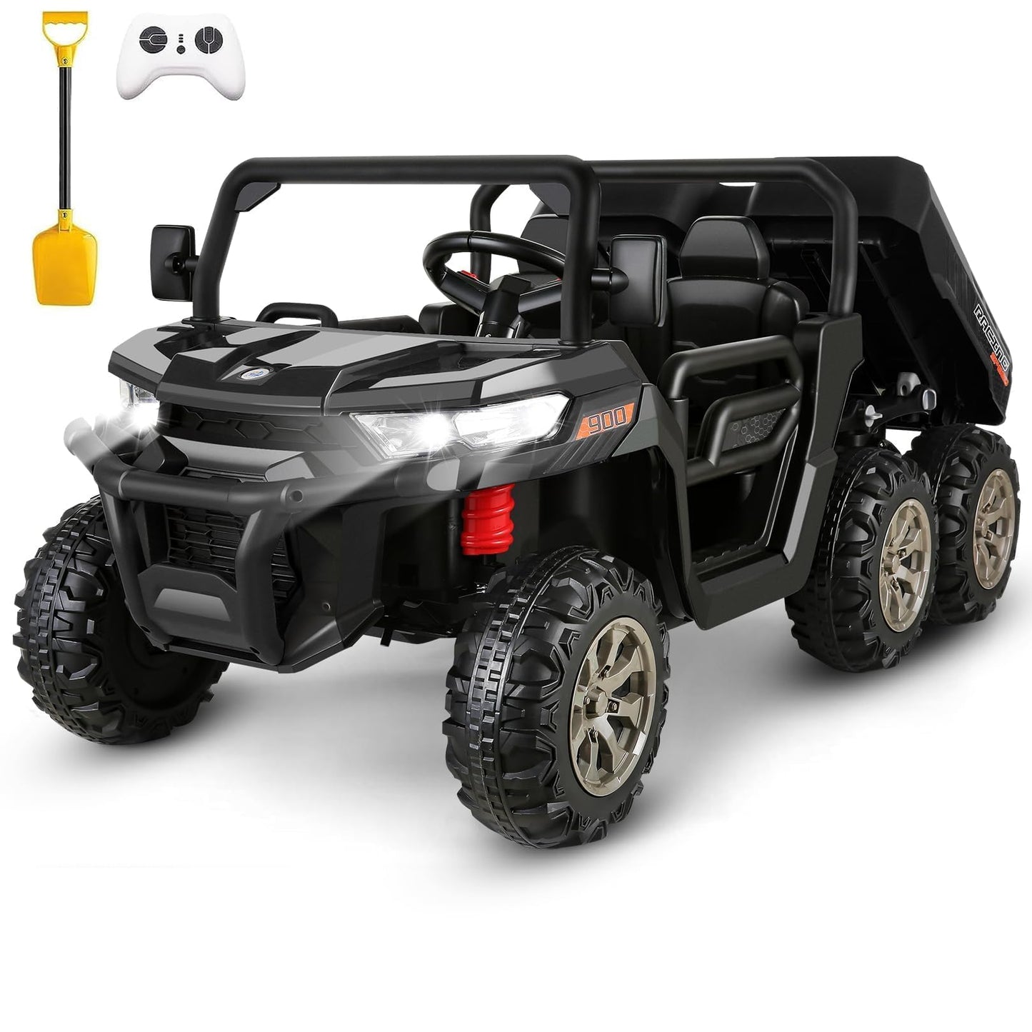 Hikole 2 Seater Ride on Car with Remote, 24V Kids Electric Cars w/Dump Bed, 6 Suspension, 4WD, 3 Speeds, Music, Storage Trunk-6x6 Ride On UTV Truck for Big Kids Boys Girls Age 3-8, Black