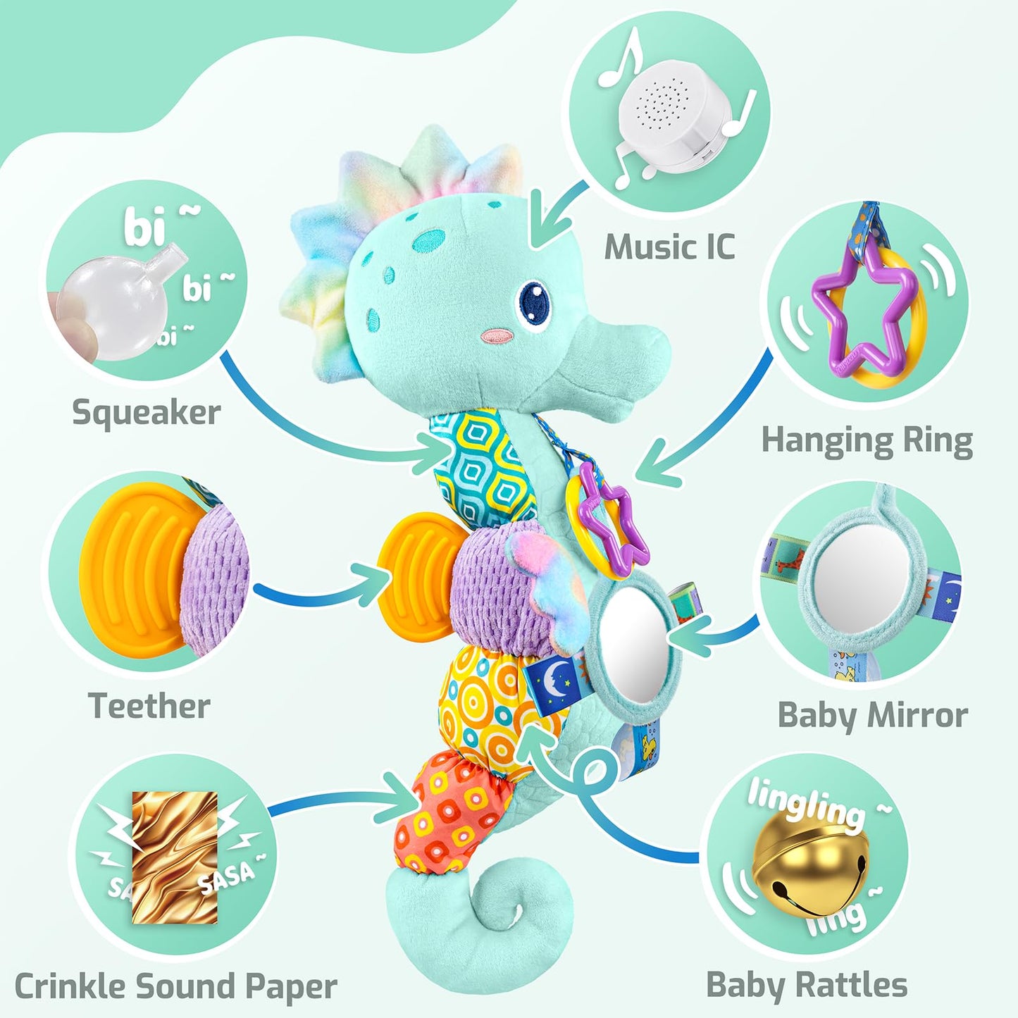 LIGHTDESIRE Baby Toys Musical Seahorse,Infant Stuffed Animal Toys with Crinkle and Rattles,Soft Sensory Toys with Textures for Tummy Time Newborn Boys Girls 0 3 6 12 Months(Blue)