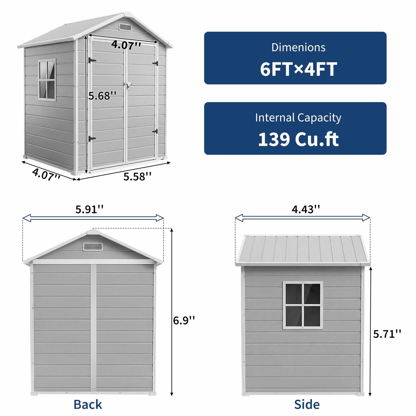 6x4 FT Outdoor Storage Shed with Floor, Plastic Resin Garden Shed with Window & Sloping Roof & Lockable Door for Patio Backyard Garden, Lawn Mower, Bike, Tool Storage
