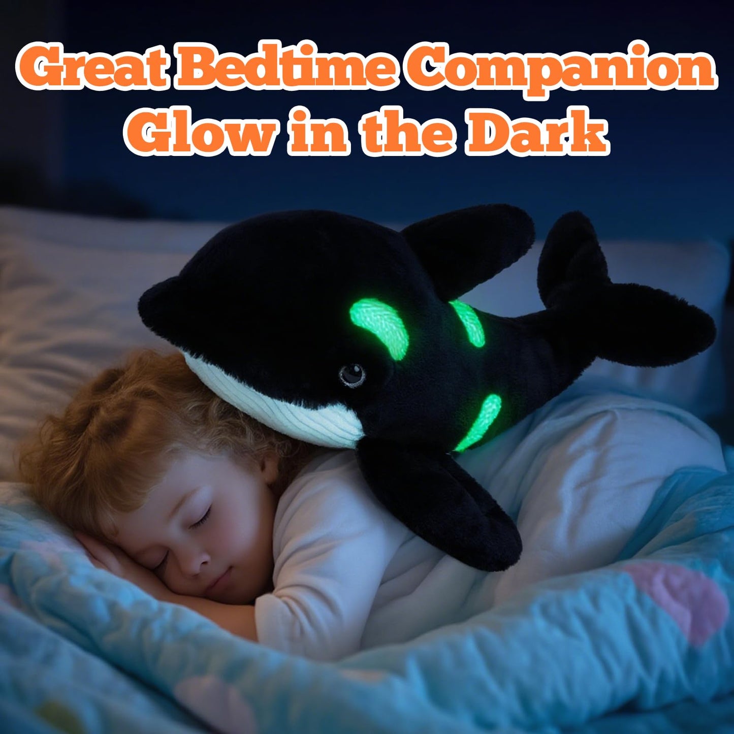 Tezituor Large Orca Stuffed Animal with 3 Babies Glow in The Dark, 23.6" Huggable Killer Whale Plush Toy Realistic Soft Ocean Animal Plushies Birthday Gifts for Boys Girls