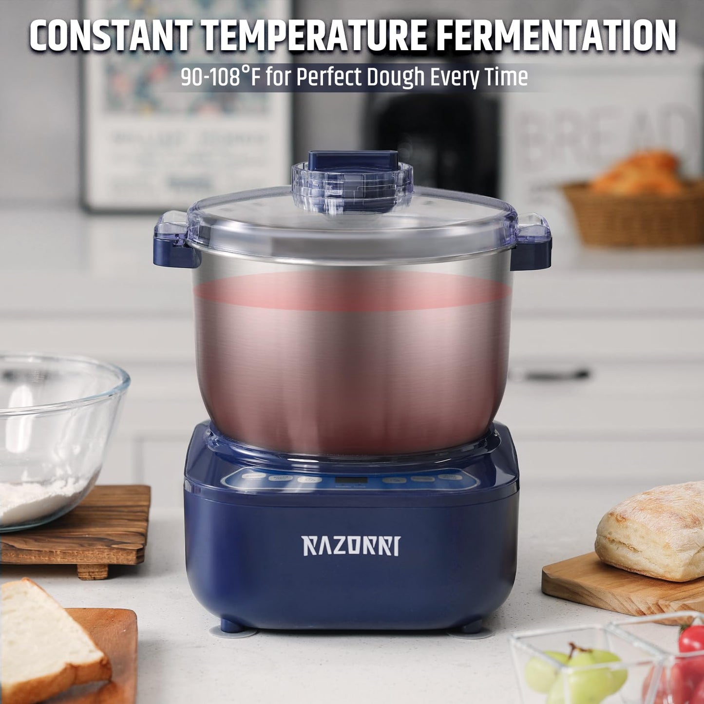 Razorri Electric Dough Maker, 6.5QT Household Dough Mixer with Ferment Function Microcomputer Timing with Stuffing Blade Stainless Steel Bowl for Bread Pizza Noodle