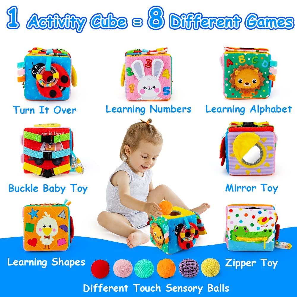 beetoy Sensory Busy Cube for Baby, Montessori Infant Toys with Textured Sensory Balls, Early Learning Travel Toys for Fine Motor Skills, Perfect Newborn Boy and Girl Gift