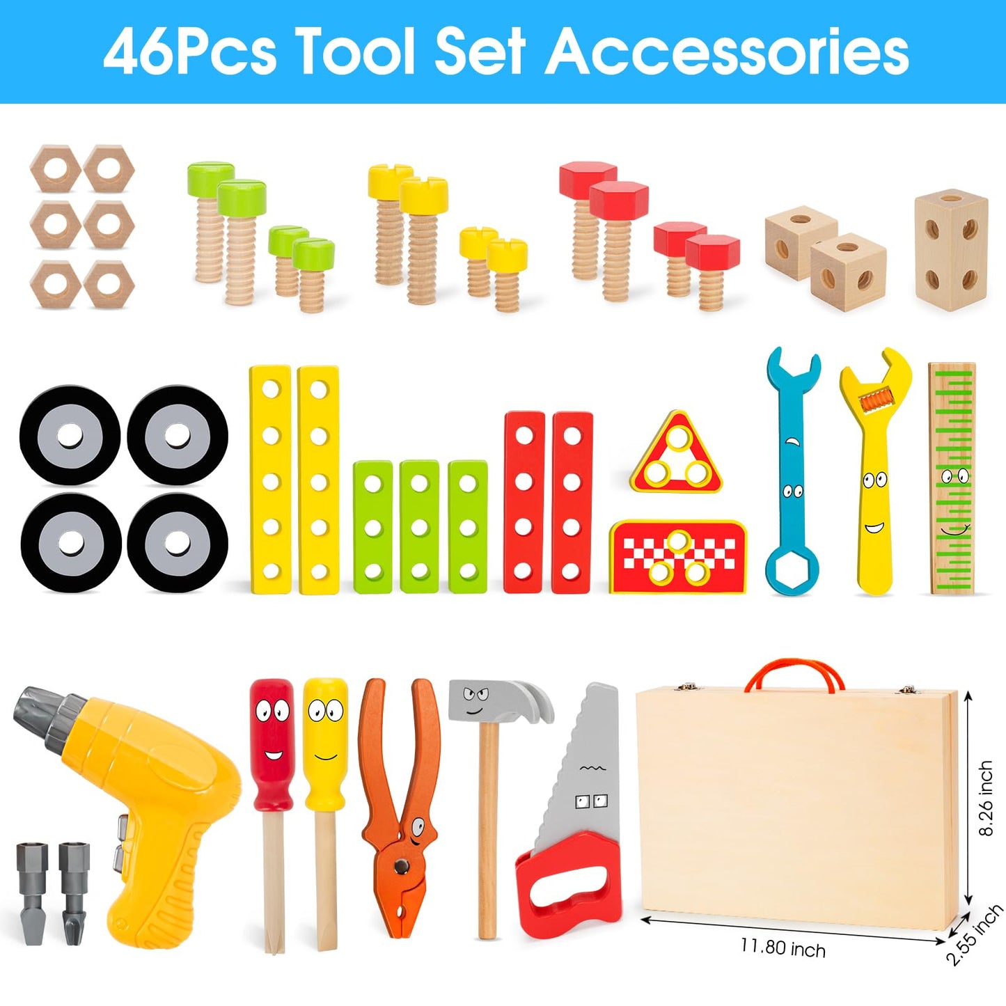Kids Tool Set with Electric Drill, 46 Pcs Wooden Toddler Play Tools Set with Tool Box, Montessori STEM Educational Construction Building Toy for 3 4 5 6 Year Old Boys Girls Birthday Gifts