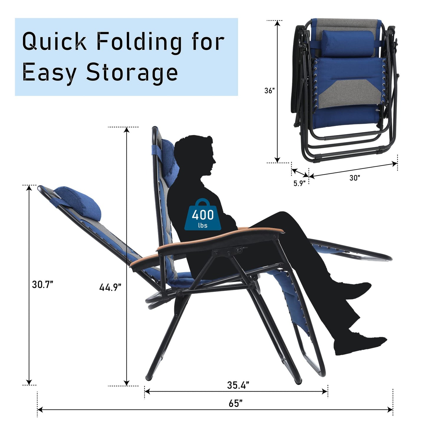 PHI VILLA XXL Oversized Padded Zero Gravity Chair, Foldable Patio Recliner, 30" Wide Seat Anti Gravity Lounger with Cup Holder, Support 400 LBS (Thumb Blue)