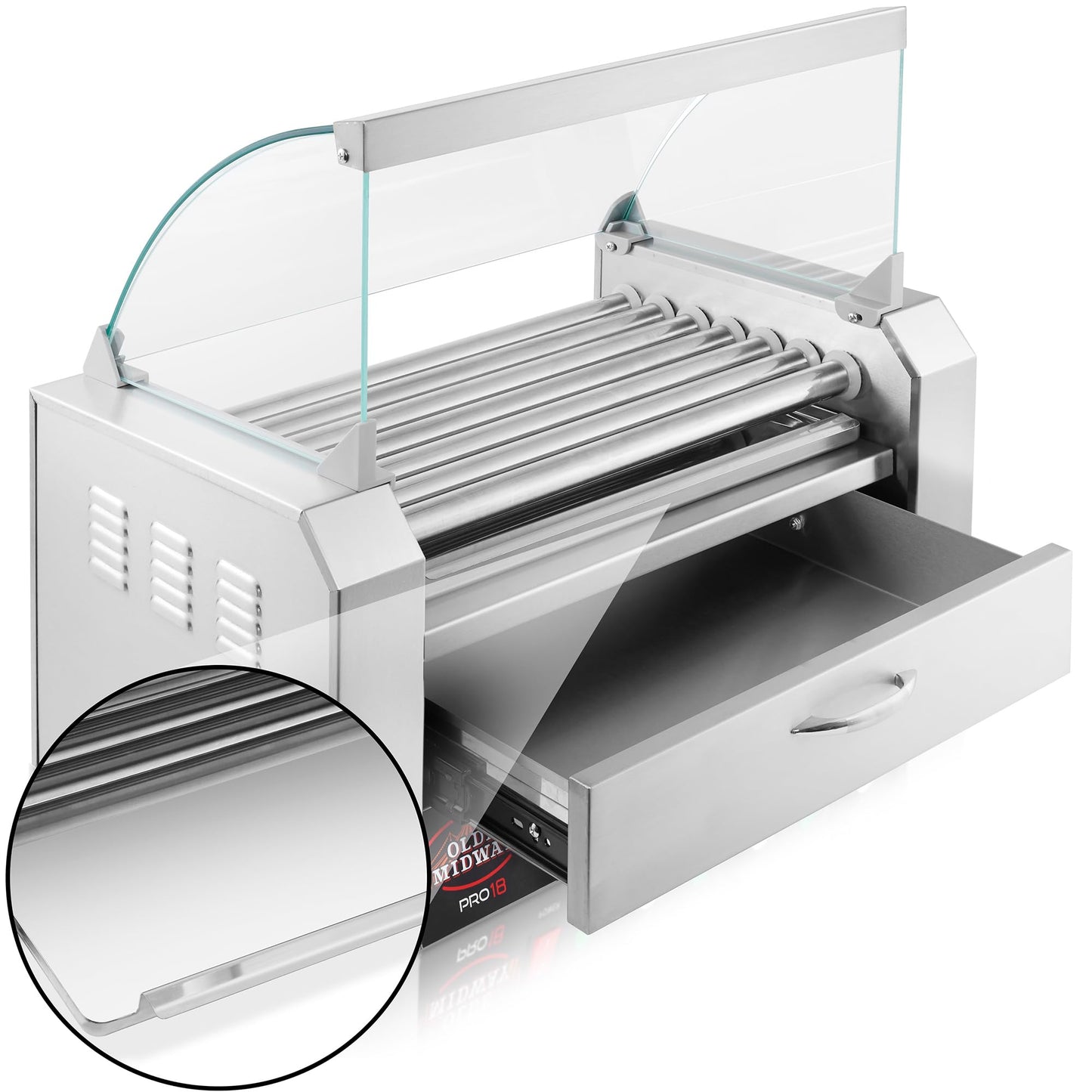Olde Midway Electric 18 Hot Dog 7 Roller Grill Cooker Machine with Bun Warming Drawer and Cover - Commercial Grade, Stainless Steel