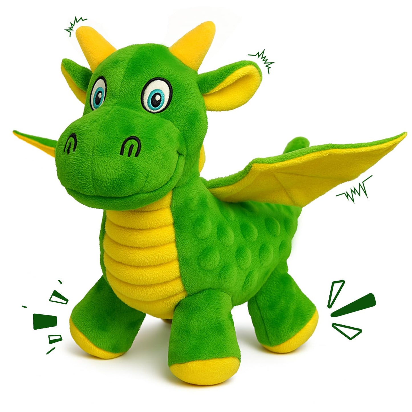 BBeary Squeaky Dog Toys - Soft Plush Dragon Dog Toy with 5 Squeakers & Crinkle Paper, Dog Toys for Small, Medium and Large Dogs to Keep Them Busy (Green,10")
