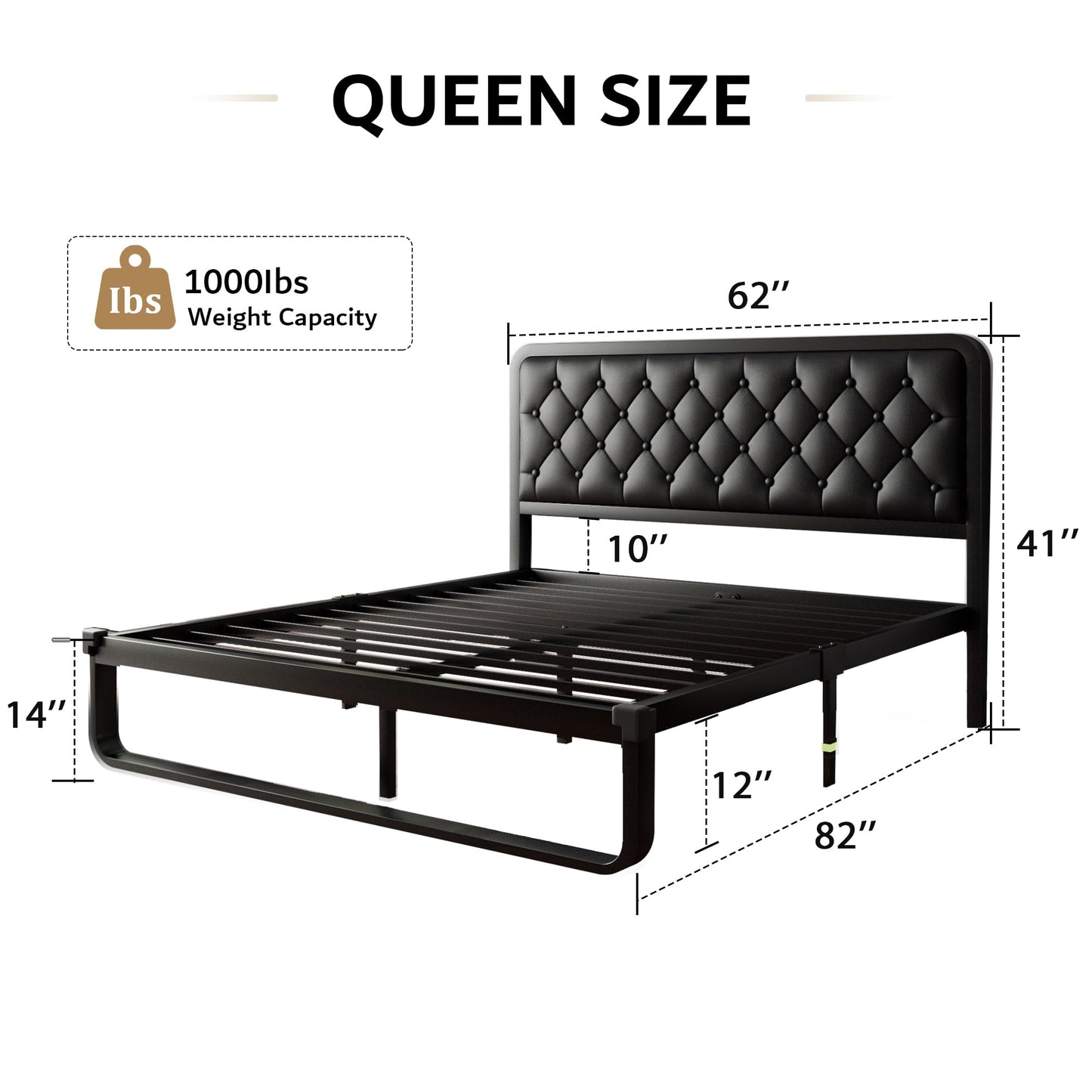 iPormis Queen Bed Frame with Headboard Faux Leather Upholstered Bed Frame Platform, All Metal Slats Support Platform Bed Frame with 12" Under Bed Space, Noise Free, No Box Spring Needed, Black
