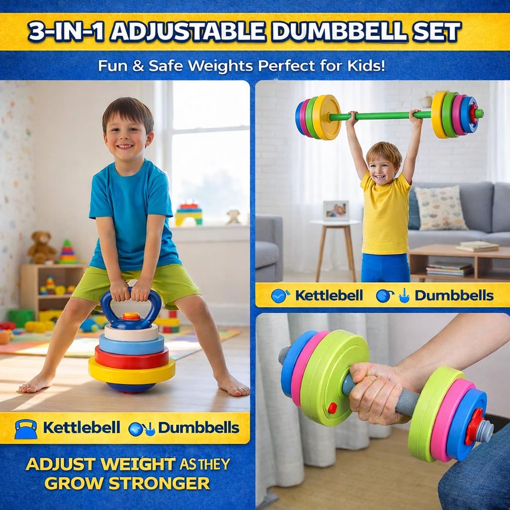 Kids Exercise Weight Set - 3-in-1 Adjustable Workout Toy Equipment for Children Pretend Play Exercise - Toddler Beginner Gym, Fitness, Weightlifting and Powerlifting (Dumbbell, Barbell, Kettlebell)