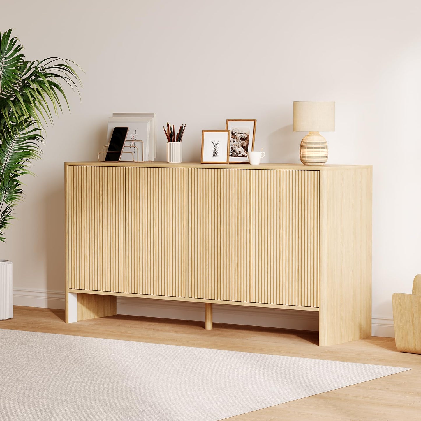 Garvee 58 in Fluted Sideboard Buffet Cabinet, Modern Accent Storage Cabinet with 4 Fluted Doors and Adjustable Shelves, Wood Credenzat Coffee Bar Console Table for Kitchen Dining Living Room- Natural