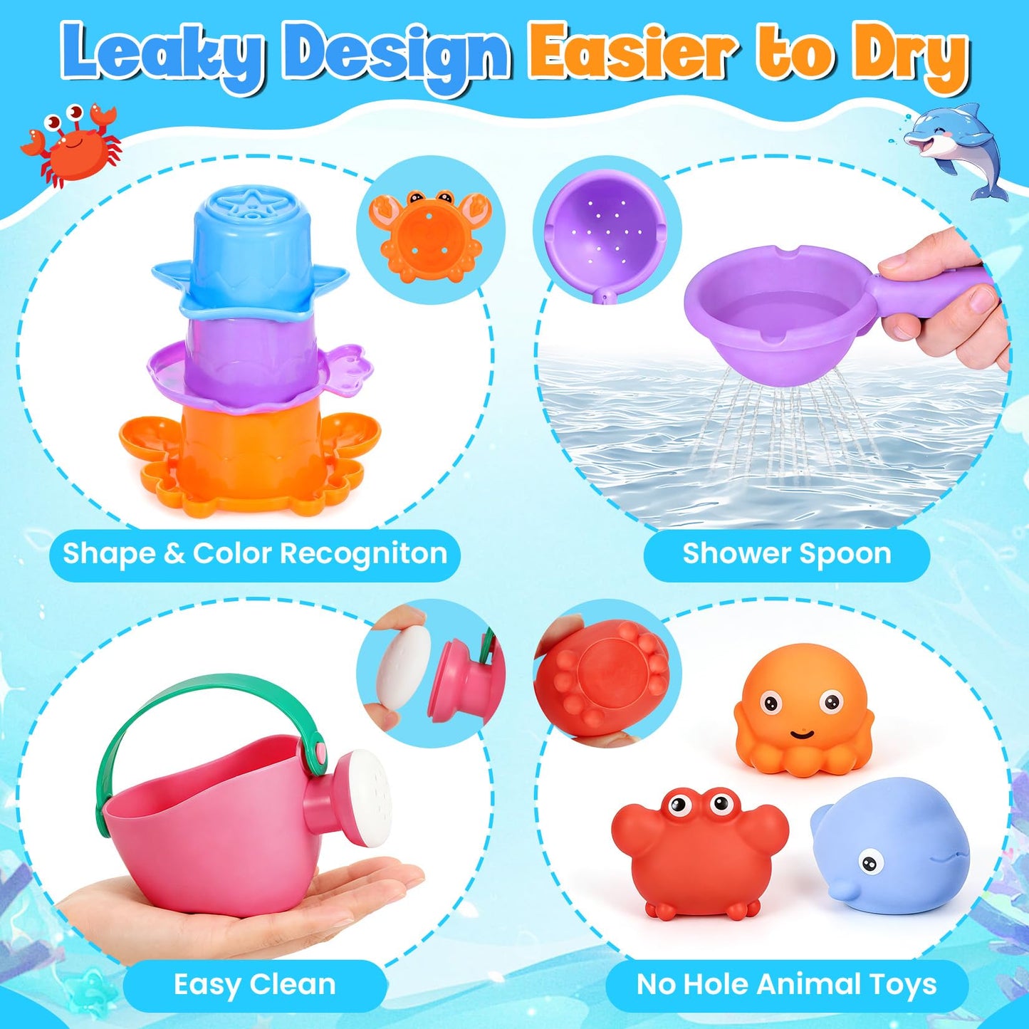 9 PCS Baby Bath Toys for Kids Ages 1-3, Toddler Bath Toys for 2-4 with 3 No Hole Squeezing Marine Animals Toys, Bathtub Beach Sand Water Table Toys for 1 2 3 Years Old Girls Boys Gifts