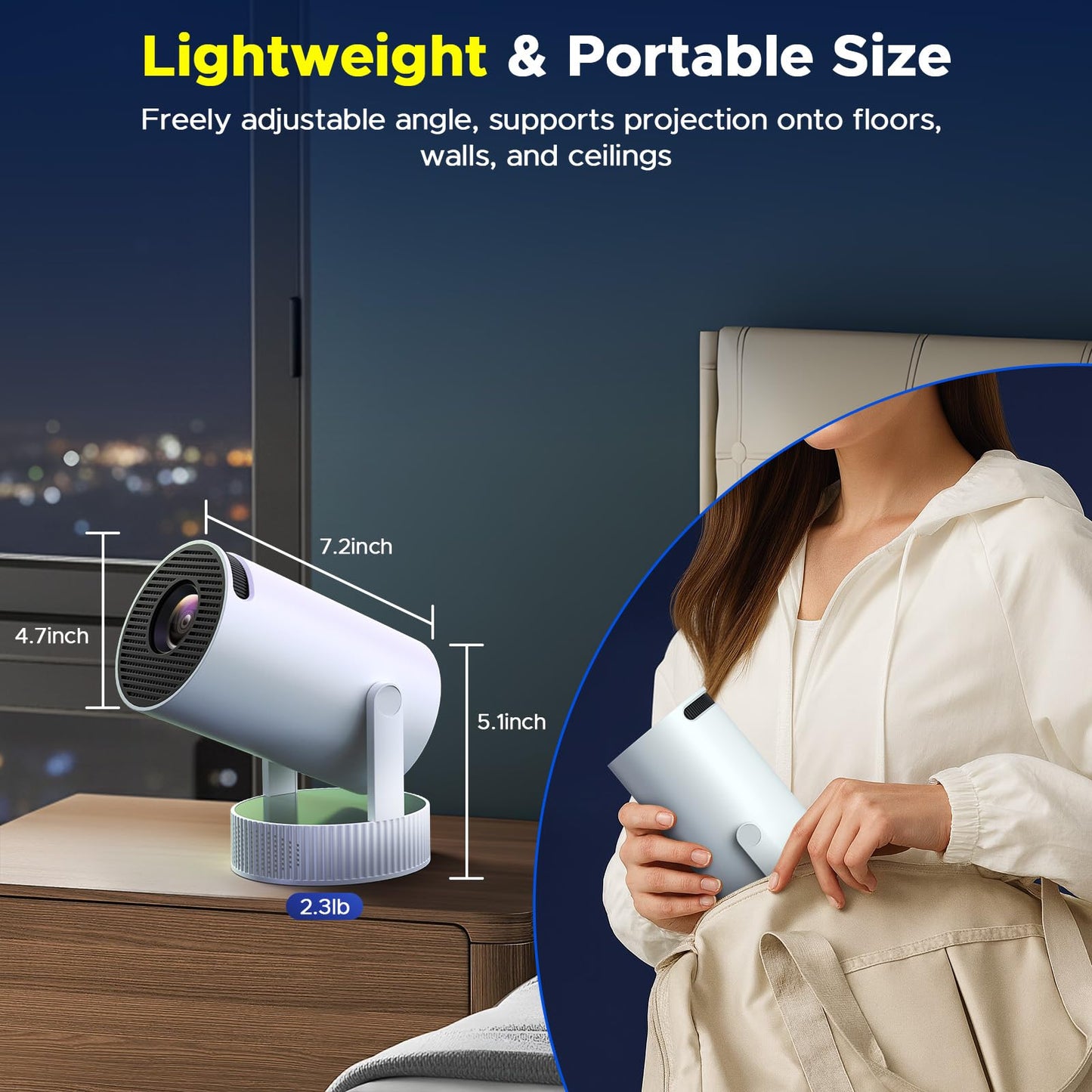 Projector with WiFi and Bluetooth, Mini Projector with Battery Supported 4K, Auto Keystone WiFi 6 Bluetooth 5.2 220° Rotation 3.5Hrs Portable Projectors, Smart Projectors for Bedroom Outdoor Movie