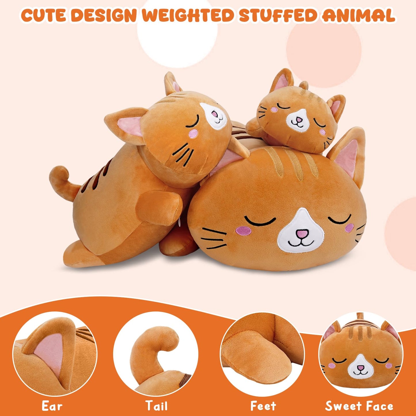 TOYSYM Weighted Stuffed Animals Cat, Orange Cat Plush with Weighted Beads, Cute Cat Plushie Pillow Gifts for Adults Kids Boys Girls 9.8inch