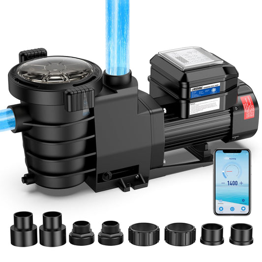 CrestWave Smart Variable Speed Pool Pump 1.5HP, Smart Life APP Control, 38 dB-Quiet, Energy Saving, AC 110V/230V, Built-in Timer, 5070 GPH High Flow, 1.5" & 2" Adapter Pool Pump for In/above Pool