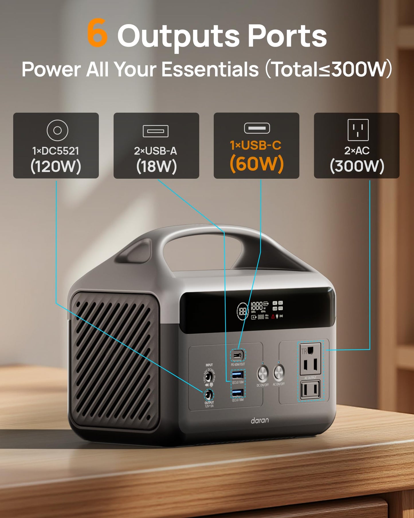 DaranEner Portable Power Station 60,000mAh with Storage Bag, 192Wh LiFePO4 Battery Backup, Solar Generator with 2×AC 300W(600W Surge) Outlets, USB-C 60W PD, for Camping, RV, Outdoor, Home Emergency