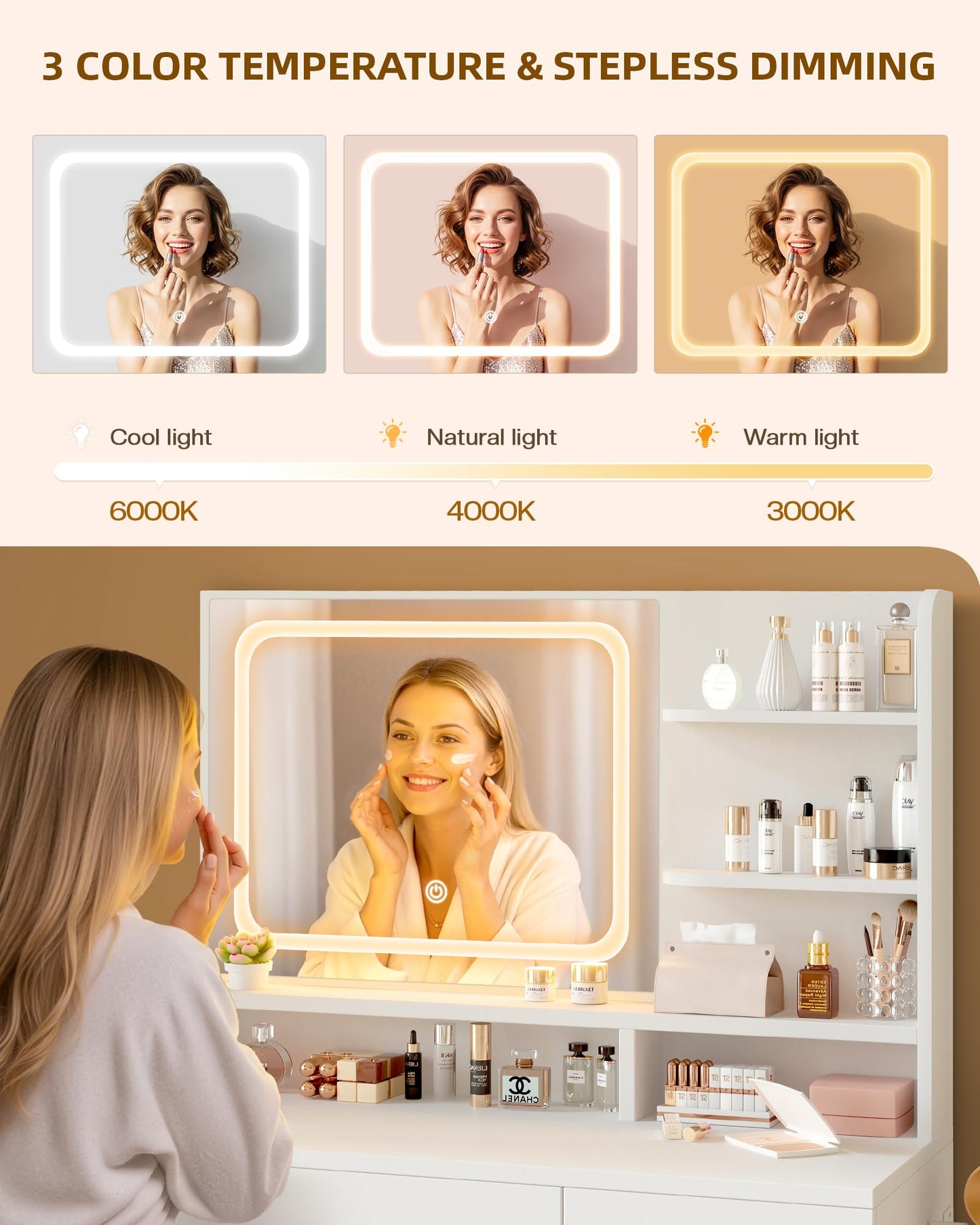 LIVELYGLOW Makeup Vanity Desk with Smart LED Mirror & Charging Station, 35.4" White Vanity Table Set with Cushioned Stool, 4 Drawers & Hairdryer Rack, Modern Bedroom Dressing Table-White