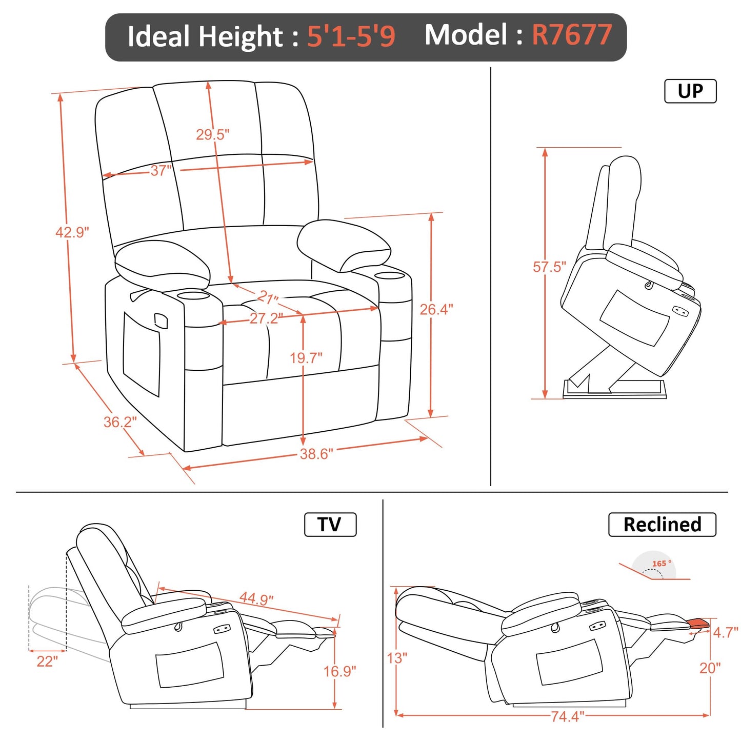 MCombo Oversized Dual Motor Power Lift Recliner Chair Sofa with Massage and Heat for Big Elderly People, Infinite Position, USB Ports, Fabric R7677 (Grey, Medium-Oversize)