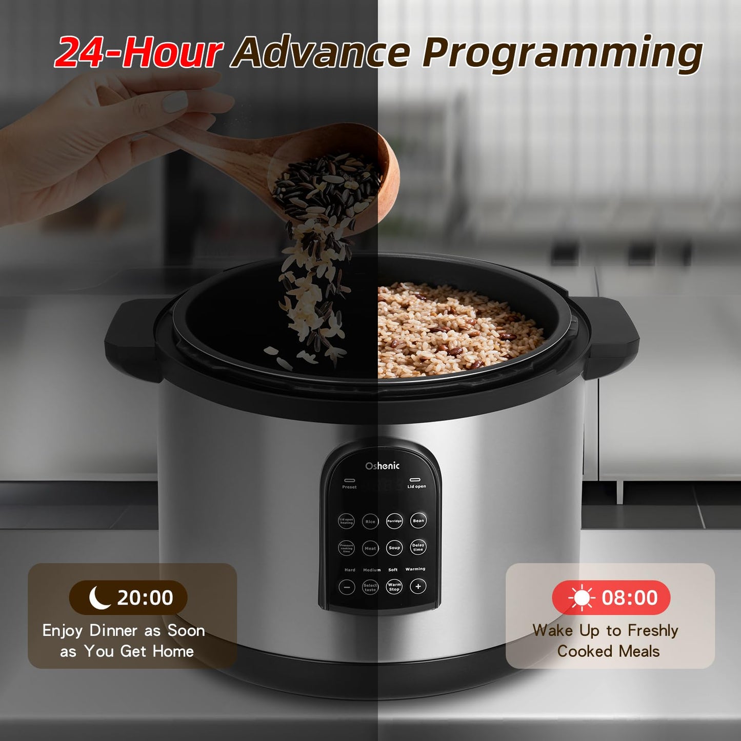 Oshenic 26.4QT Commercial Electric Pressure Cooker,208-240V 2500W Large Stainless Steel Pressure Cooker,9 in 1 Multicooker Slow Cooker With LED,Not Stick Inner Pot,24 Hours Preset & Auto Keep Warm