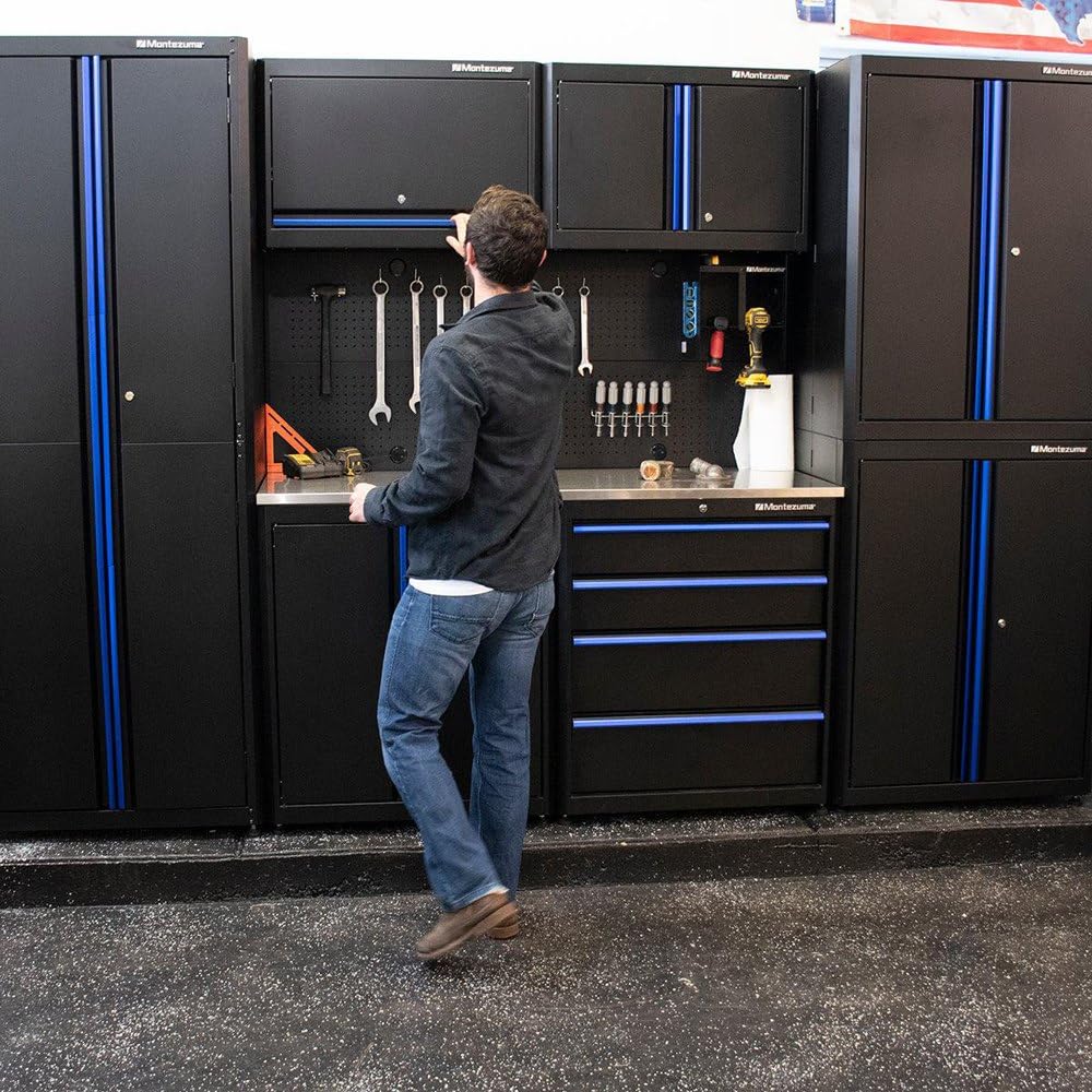 Montezuma Garage Tool Storage System - 30.5 x 24" Locking 4 Drawer Workbench with Ball Bearing Slides & Stainless Steel Worktop - BKMG30244BC