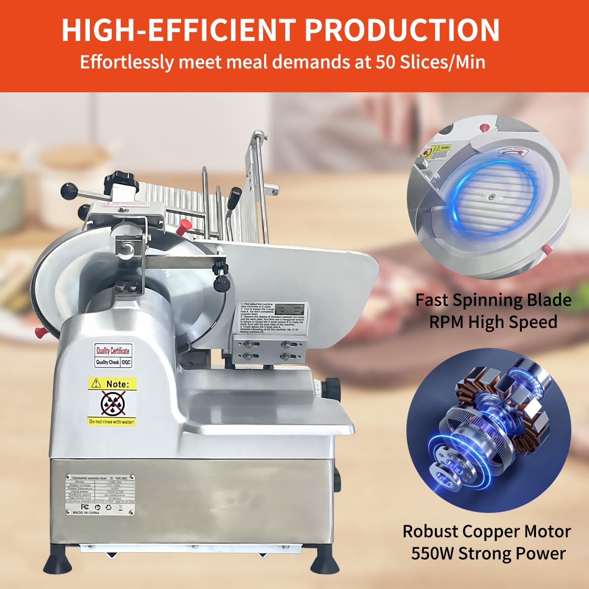 CMICE Automatic Commercial Meat Slicer, 550W Automatic Meat Slicer with 11.8" Carbon Steel Blade, Adjustable Thickness From 0～6 mm Suitable for Commercial/Home Use