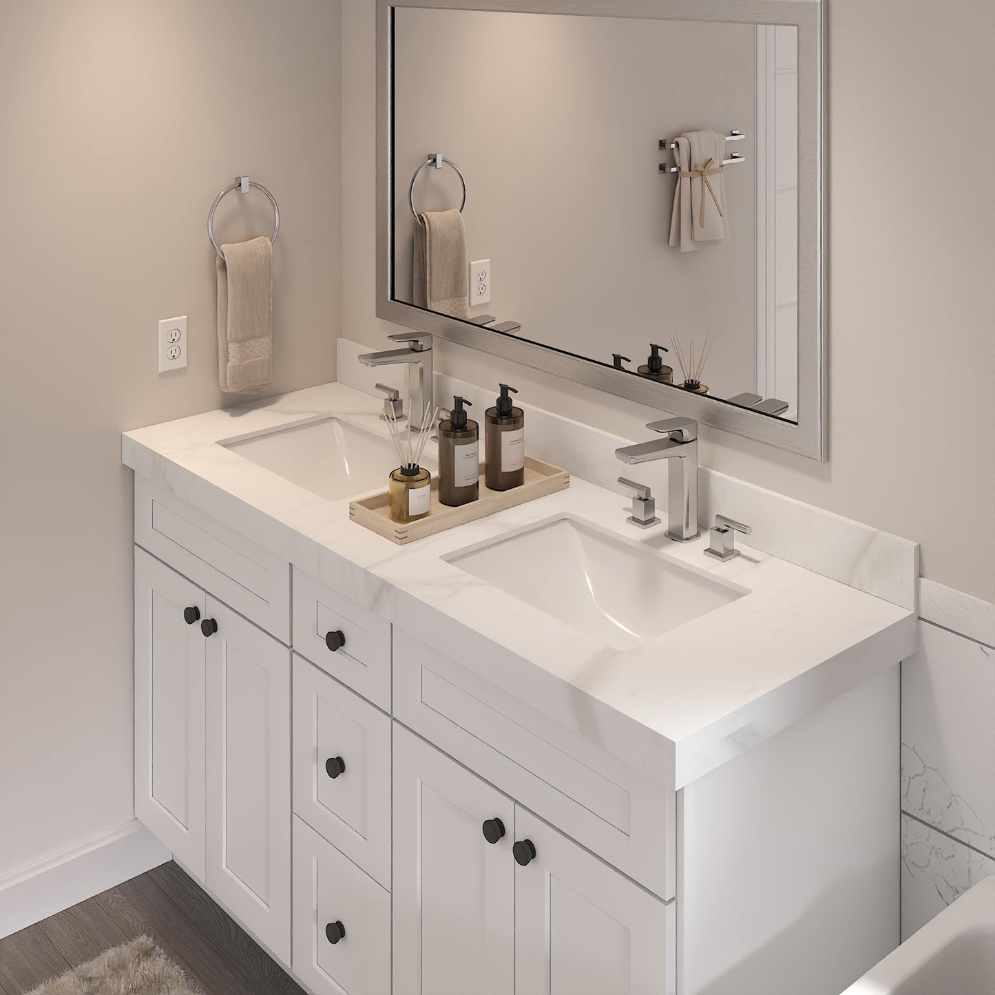 Furinno VATO Double Bathroom Vanity Top, 61W x 22D x 2.5H Porcelain Double Vanity Sink Top, with Pre-Drilled Holes for Faucets, Carrara White