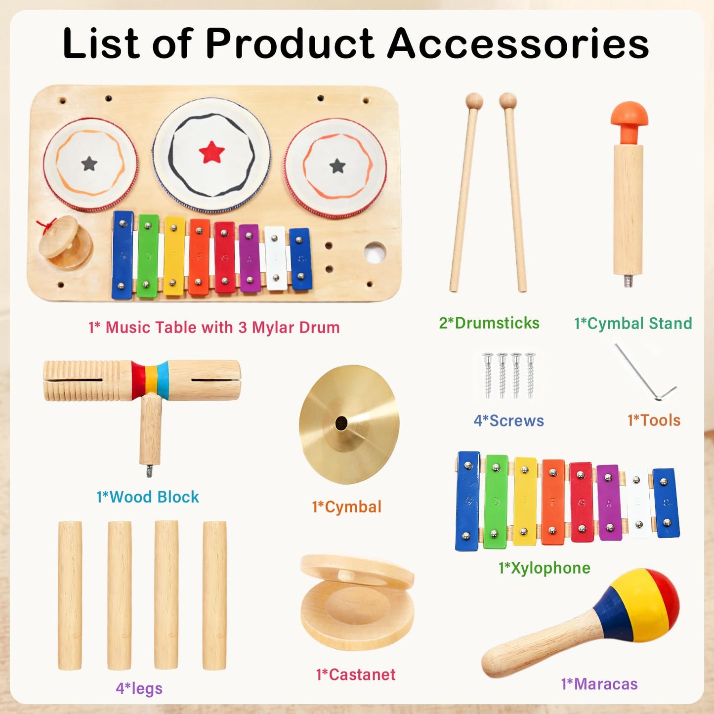 WINYGZ 9-in-1 Baby Drum Set, Low Noise Montessori Musical Instruments for Toddlers 1-3, Safe & Durable Wooden Music Toys for Quiet Sensory Play at Home, Great Birthday for Boys Girls
