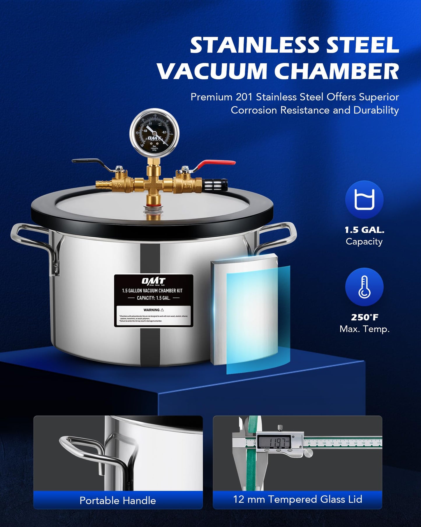 Orion Motor Tech 1.5 Gal Vacuum Chamber with Pump Kit, 3.5 cfm Vacuum Pump and Chamber Kit with Tempered Glass Lid 5 ft Hose, Vacuum Degassing Chamber Kit for Stabilizing Wood Degassing Silicone Resin