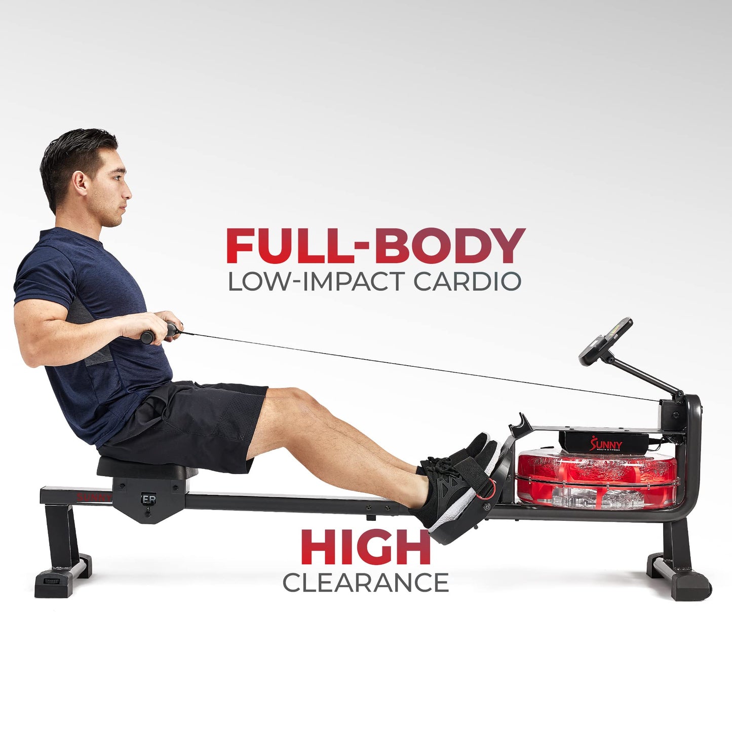 Sunny Health & Fitness Obsidian Surge Smart Water Rowing Machine with Dynamic Real-Time Resistance, Foldable Rower with Bluetooth Connectivity and Extra Long Slide- SF-RW522073